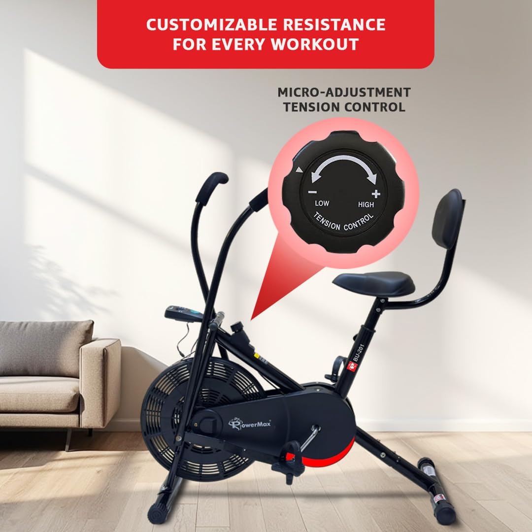 PowerMax Fitness BU-201 Dual-Action Air Bike – Adjustable Seat & Back Support, 120 kg Capacity