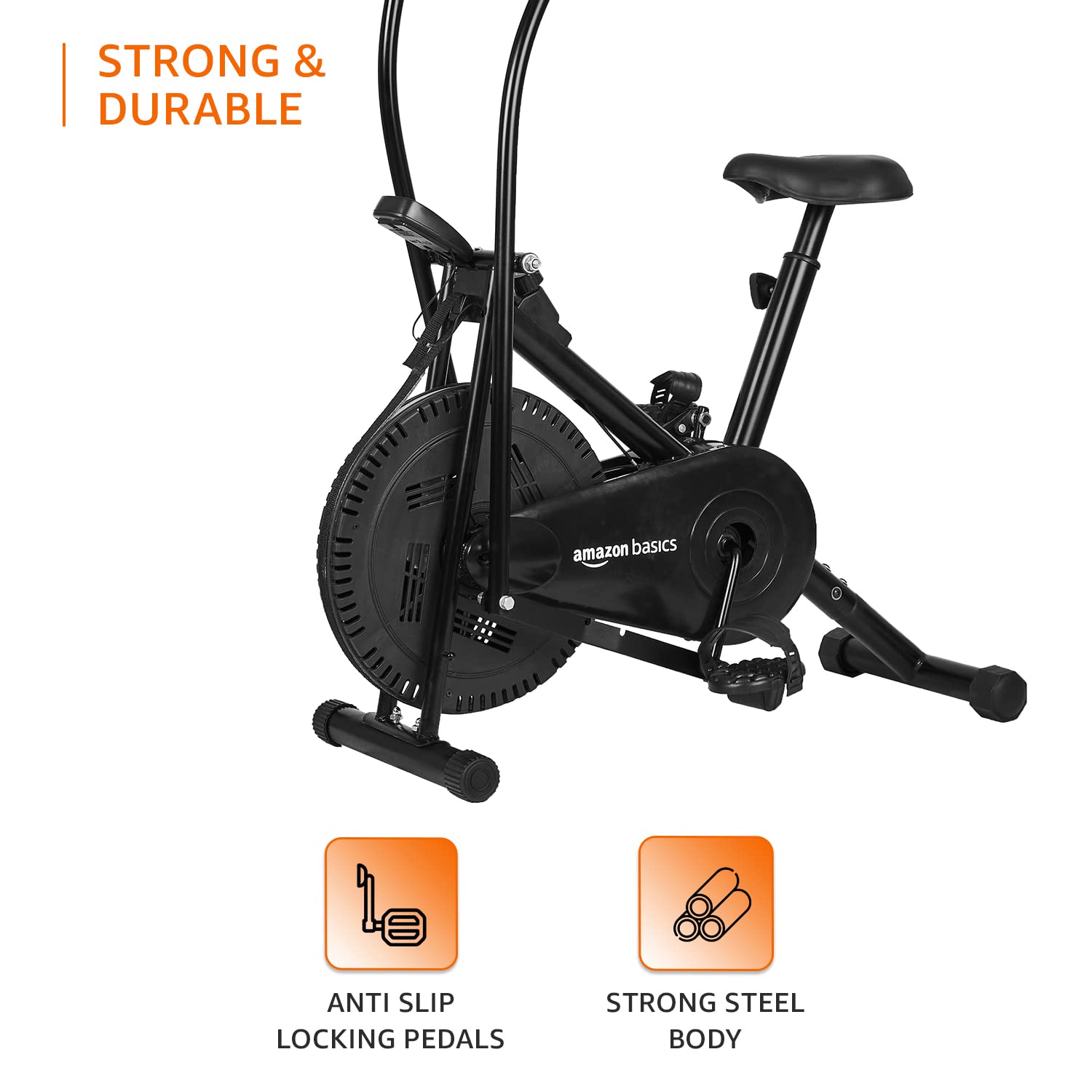 AmazonBasics Stationary Exercise Bike – Adjustable Cushioned Seat & Dual-Workout Handles (Upright/Air)