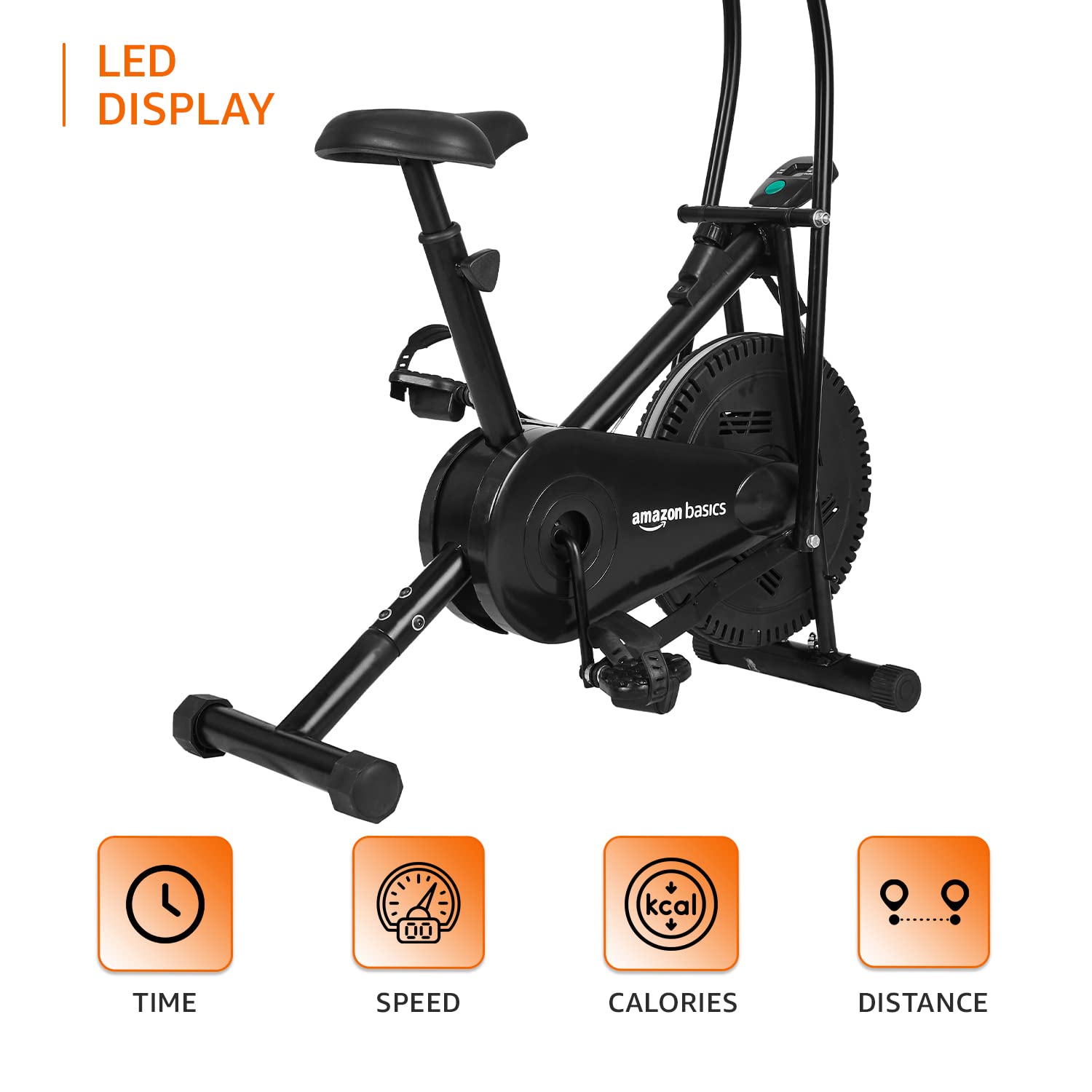 AmazonBasics Stationary Exercise Bike – Adjustable Cushioned Seat & Dual-Workout Handles (Upright/Air)