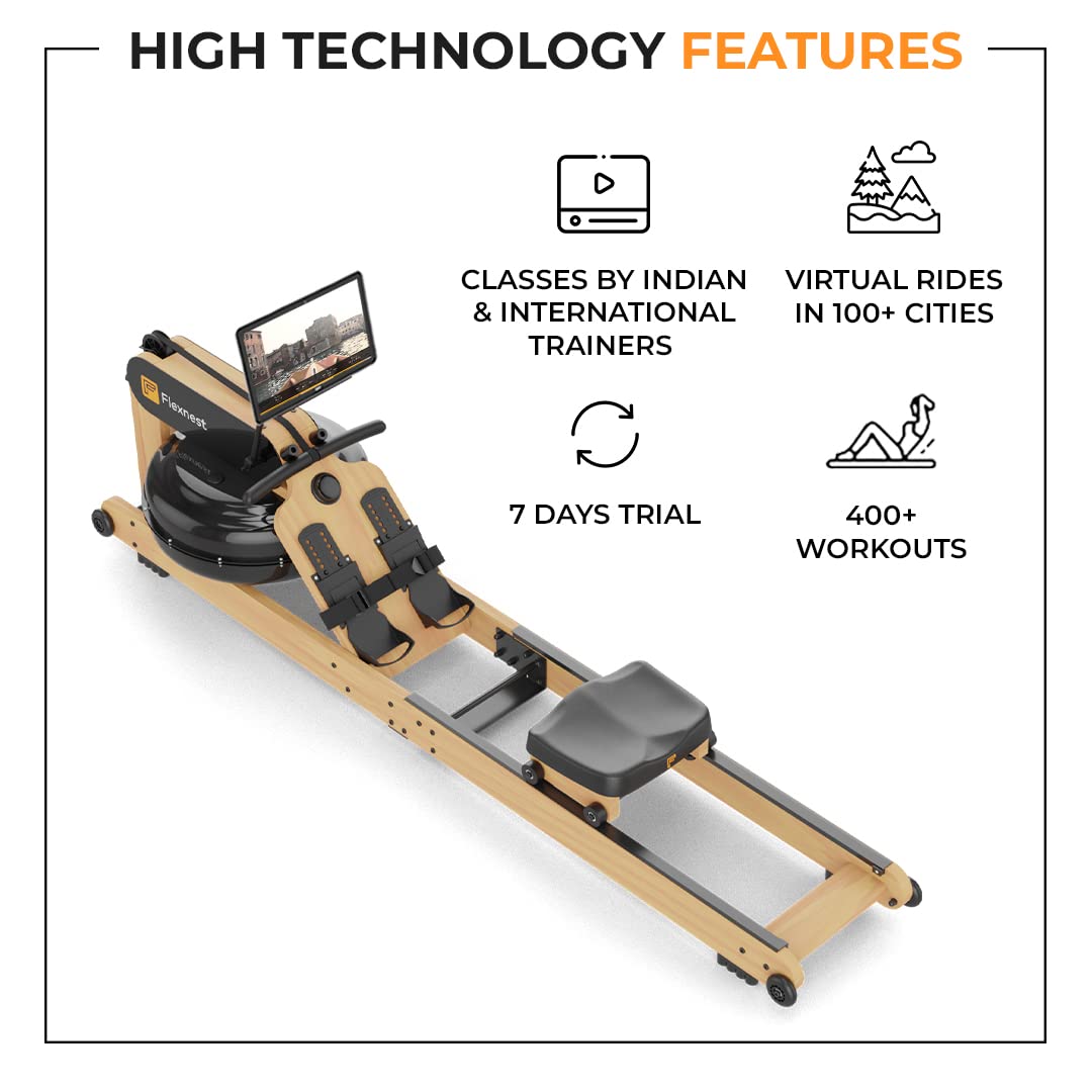 Flexnest Flexrower+ Water Rower – Bluetooth Smart, Imported Wood, Trainer-Led & Virtual Rows