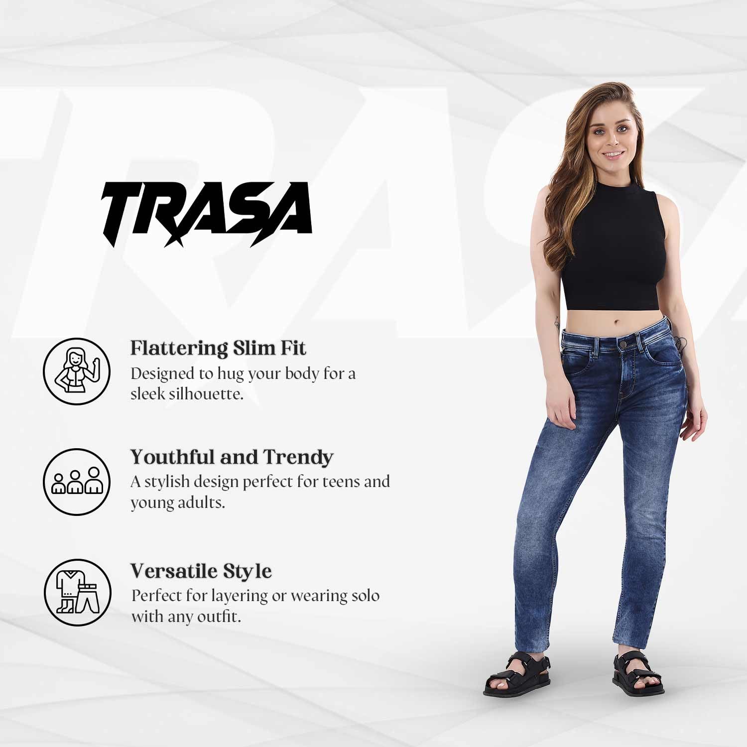 TRASA Women’s Rib-Knitted Cotton Racer-Back Crop Tank – Sleeveless, Slim Fit (Black, Large)