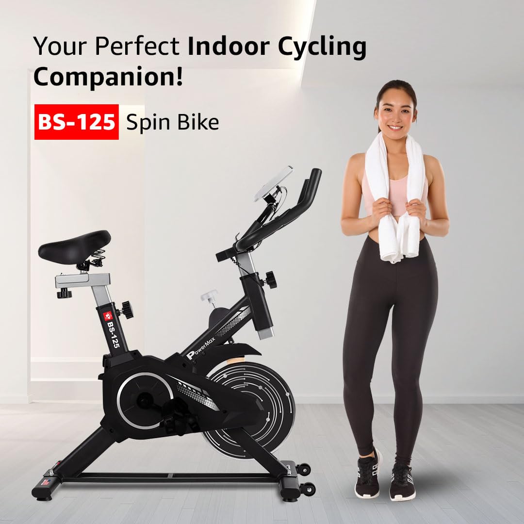 PowerMax Fitness BS-125 Upright Spin Bike – 7 kg Flywheel, Adjustable Seat & LCD Console