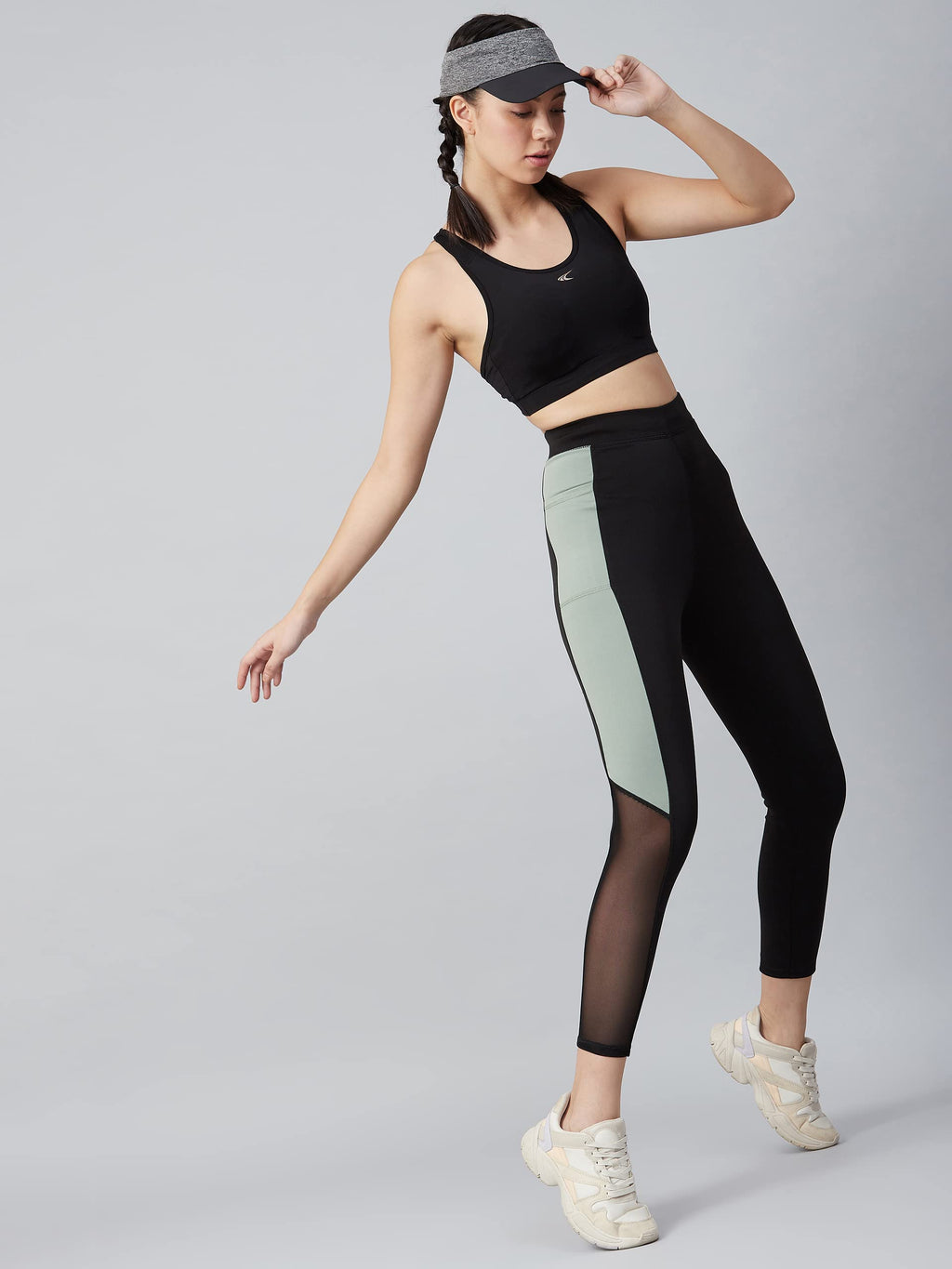 BLINKIN High-Waist Gym Leggings – Black & Green Split, Mesh Panels & Side Pockets