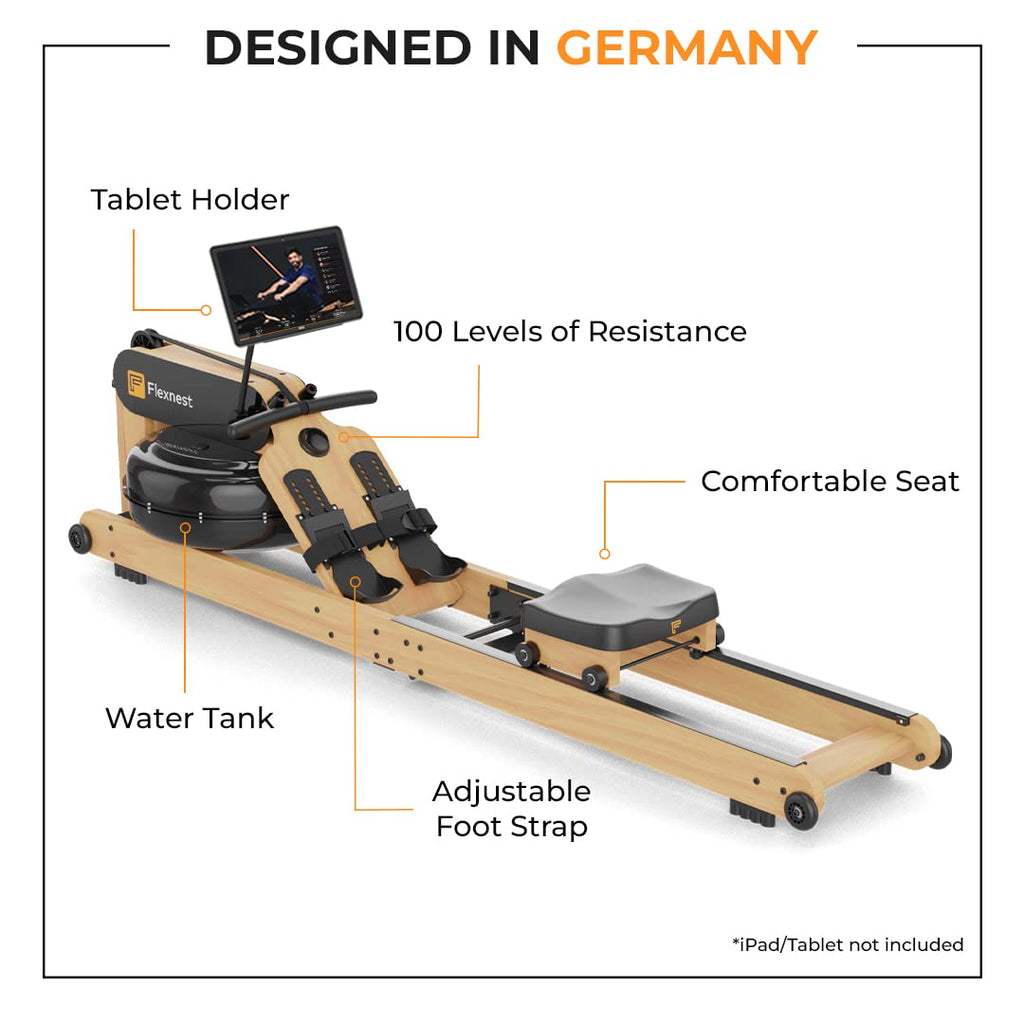 Flexnest Flexrower+ Water Rower – Bluetooth Smart, Imported Wood, Trainer-Led & Virtual Rows