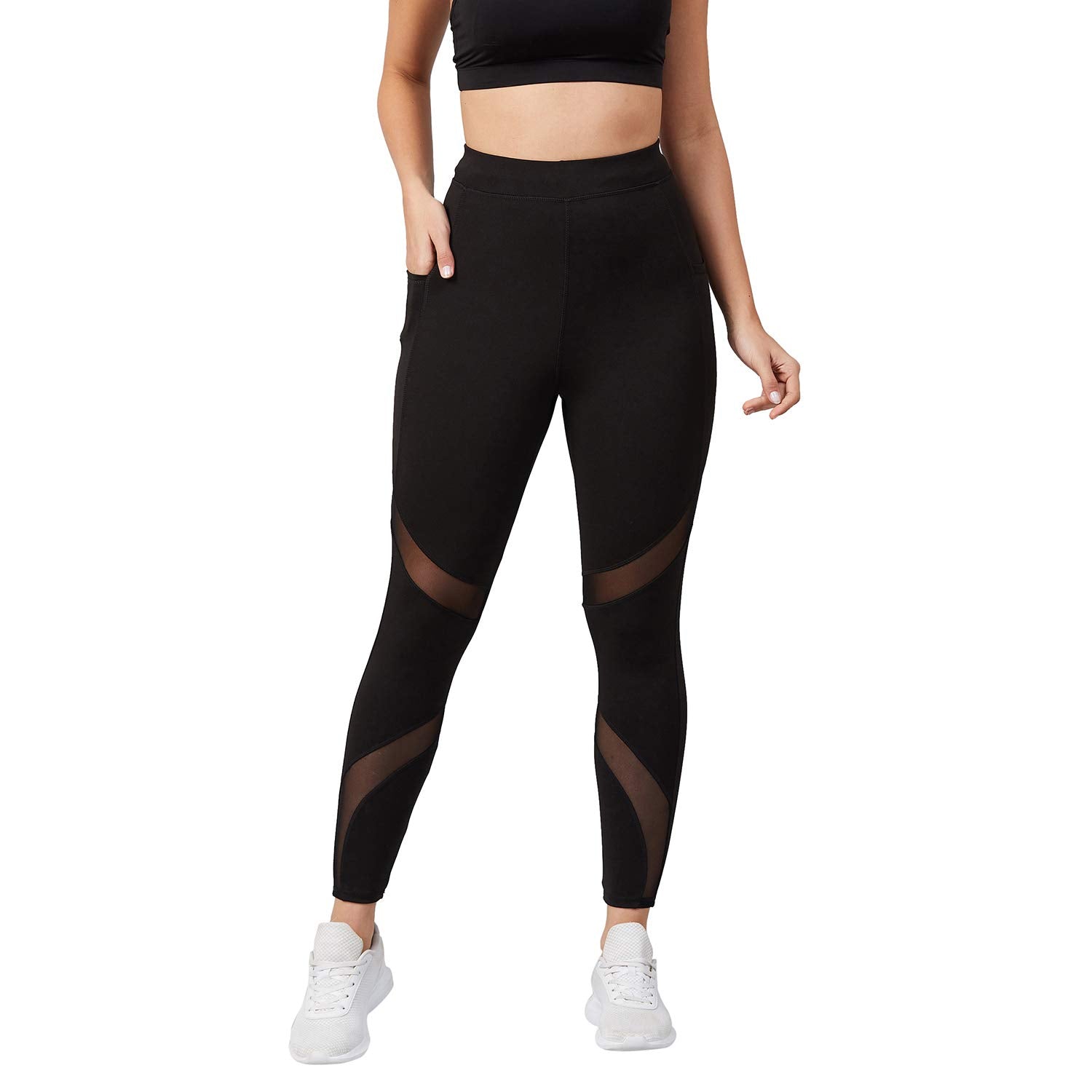 BLINKIN Stretchable High-Waist Gym Leggings – Black, Mesh Panels & Side Pockets