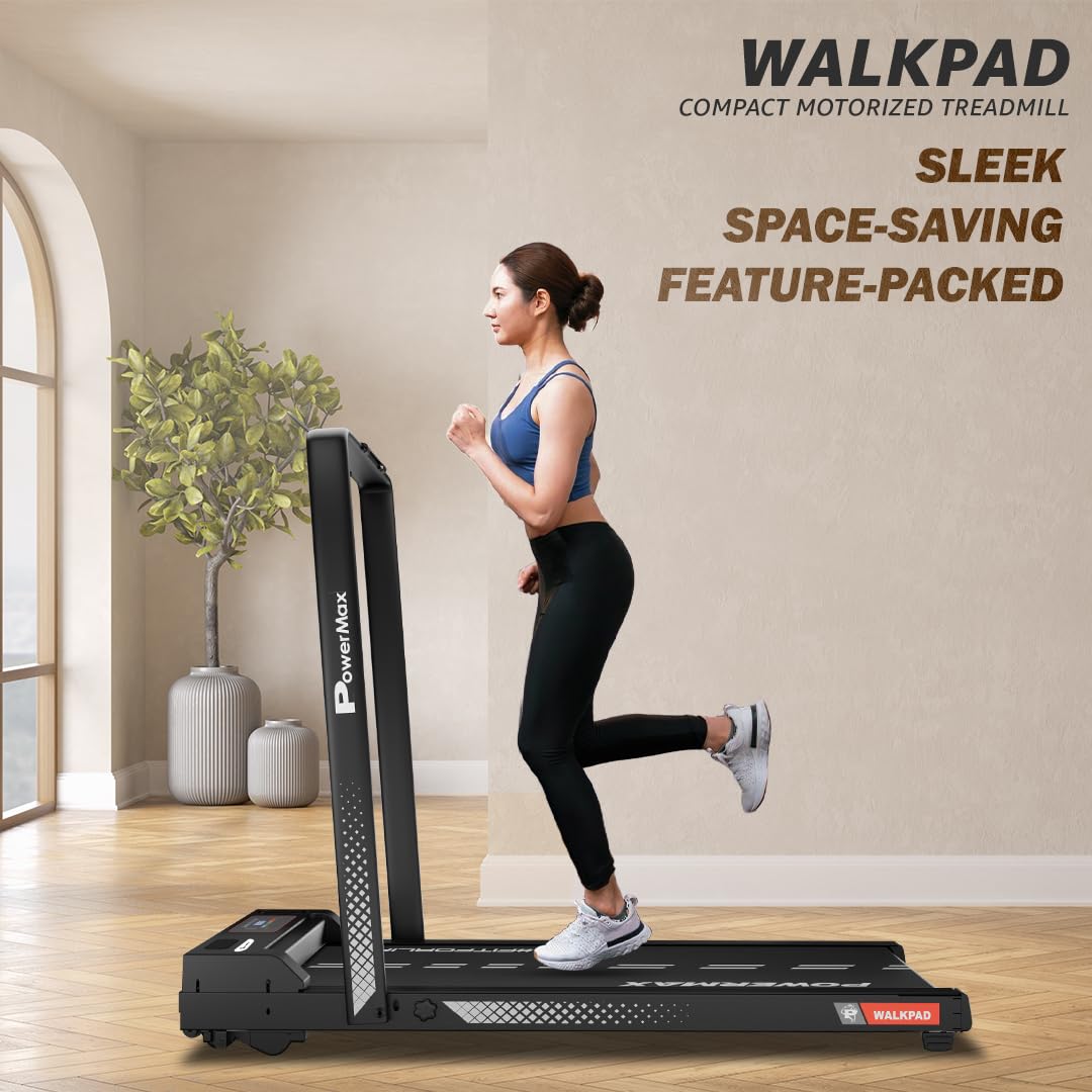 PowerMax Fitness WALKPAD Motorized Folding Treadmill – 3 HP Peak, 10 km/h, 1000×400 mm Deck, Remote & LED Display