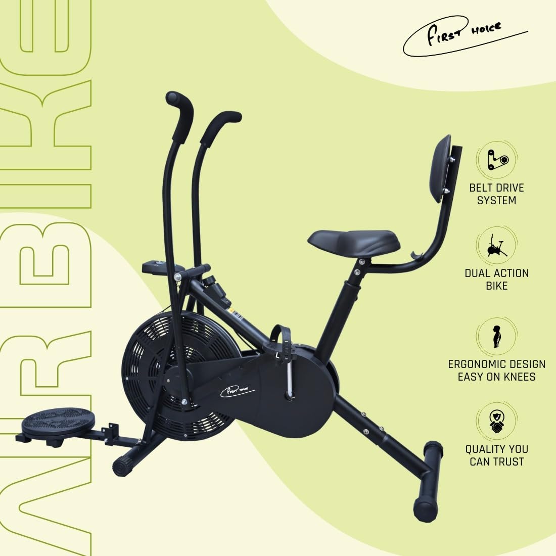 FIRST CHOICE FC-110 BST Air Bike – Moving/Stationary Handles, Back Support, Twister & Adjustable Air Resistance (110 kg Capacity)