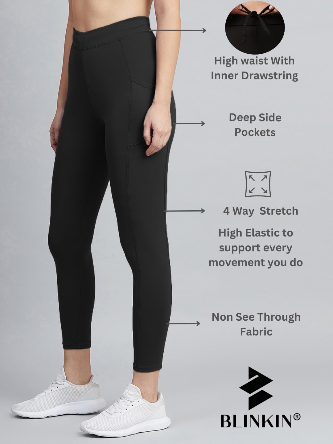BLINKIN High-Waist Gym Leggings – Black with Mesh Side Panels & Phone Pockets