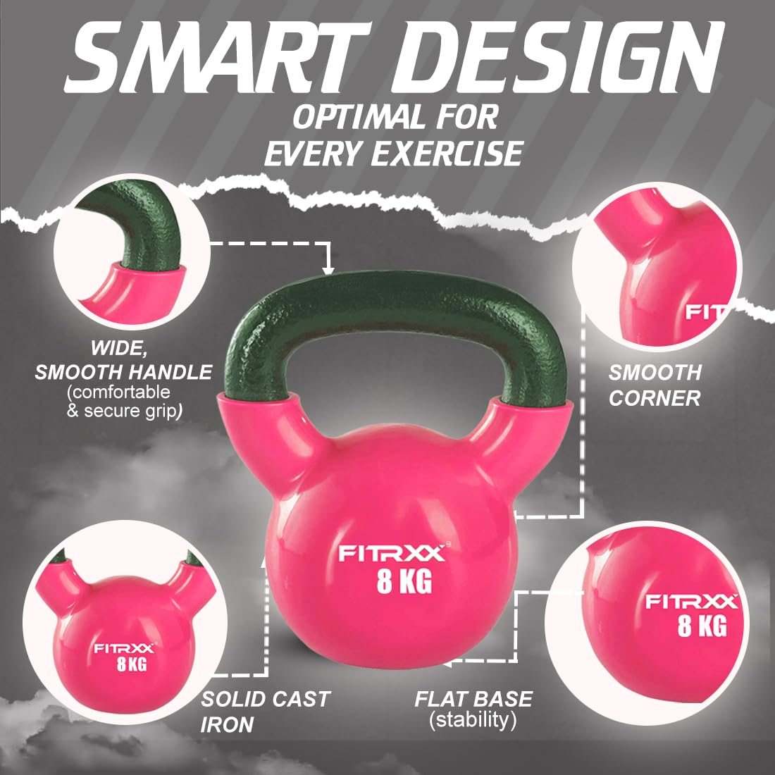 FITRXX Coated Solid Kettlebell – 8 Kilograms, Pink – Durable Weight for Strength Training