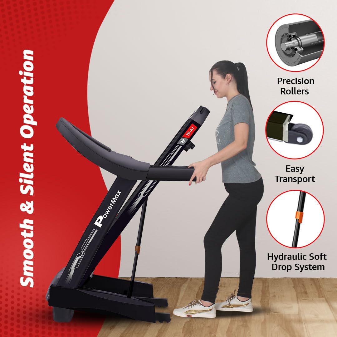 PowerMax Fitness TD-A1 Motorized Folding Treadmill – 6 HP Peak, 15-Level Auto-Incline, 14 km/h, Bluetooth & Speakers