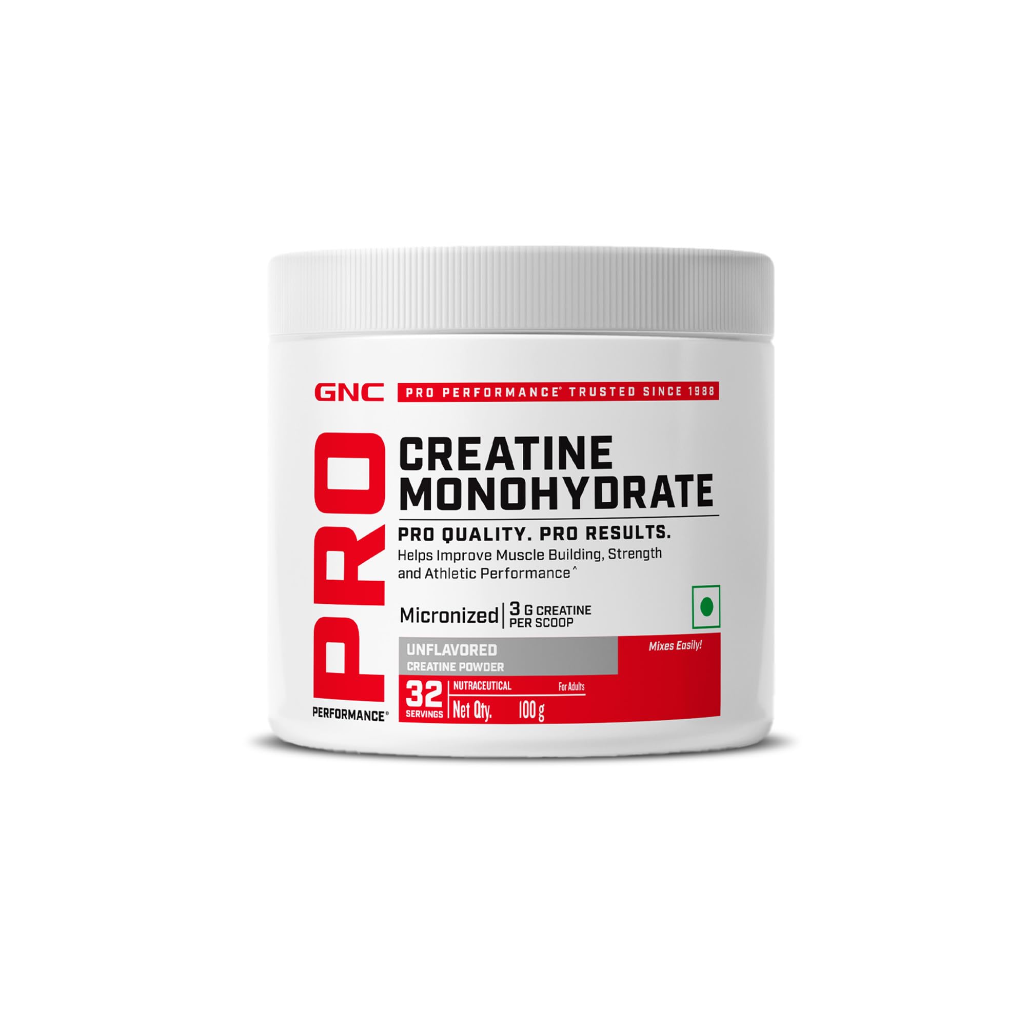 GNC Pro Performance Creatine Monohydrate Unflavoured – 100 g Pure Micronized Creatine, 3000 mg per Serving, Gluten-Free Performance Enhancer