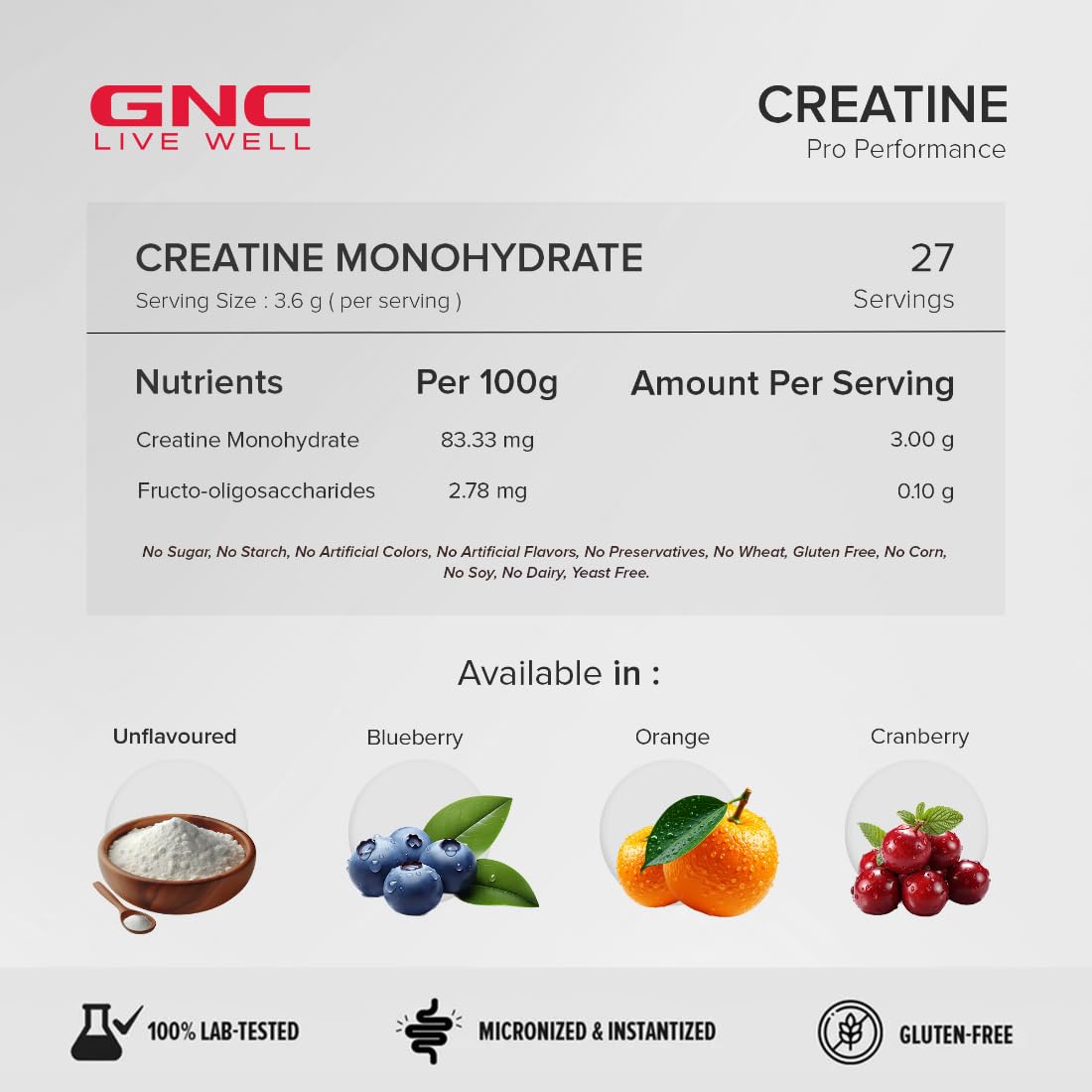 GNC Pro Performance Creatine Monohydrate – Blueberry Flavour | 100 g (3 g per Scoop) Micronized Creatine to Boost Energy, Strength & Muscle Volume