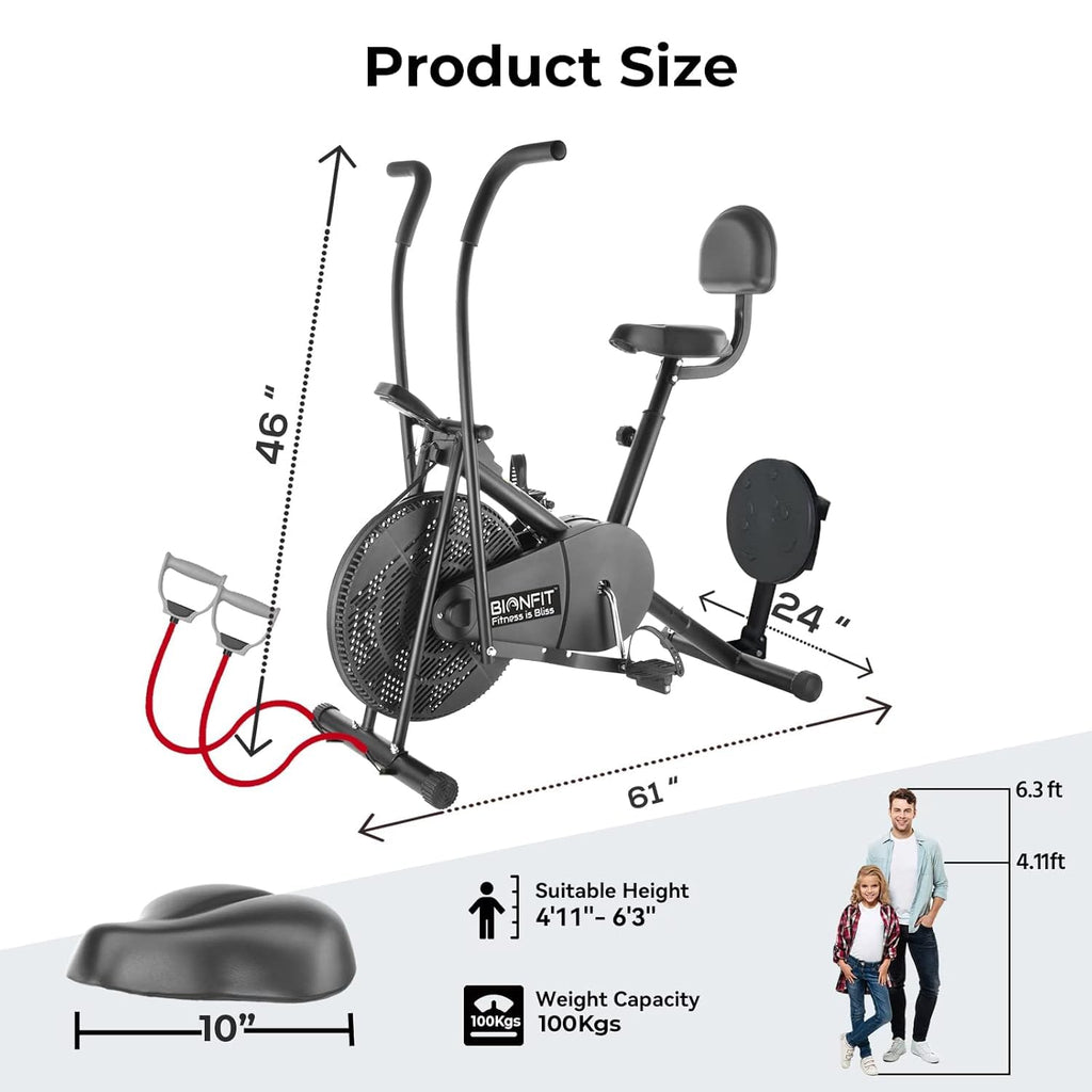 BIONFIT Patented Air Bike – Moving Handles, Attached Resistance Band & 120 kg Capacity