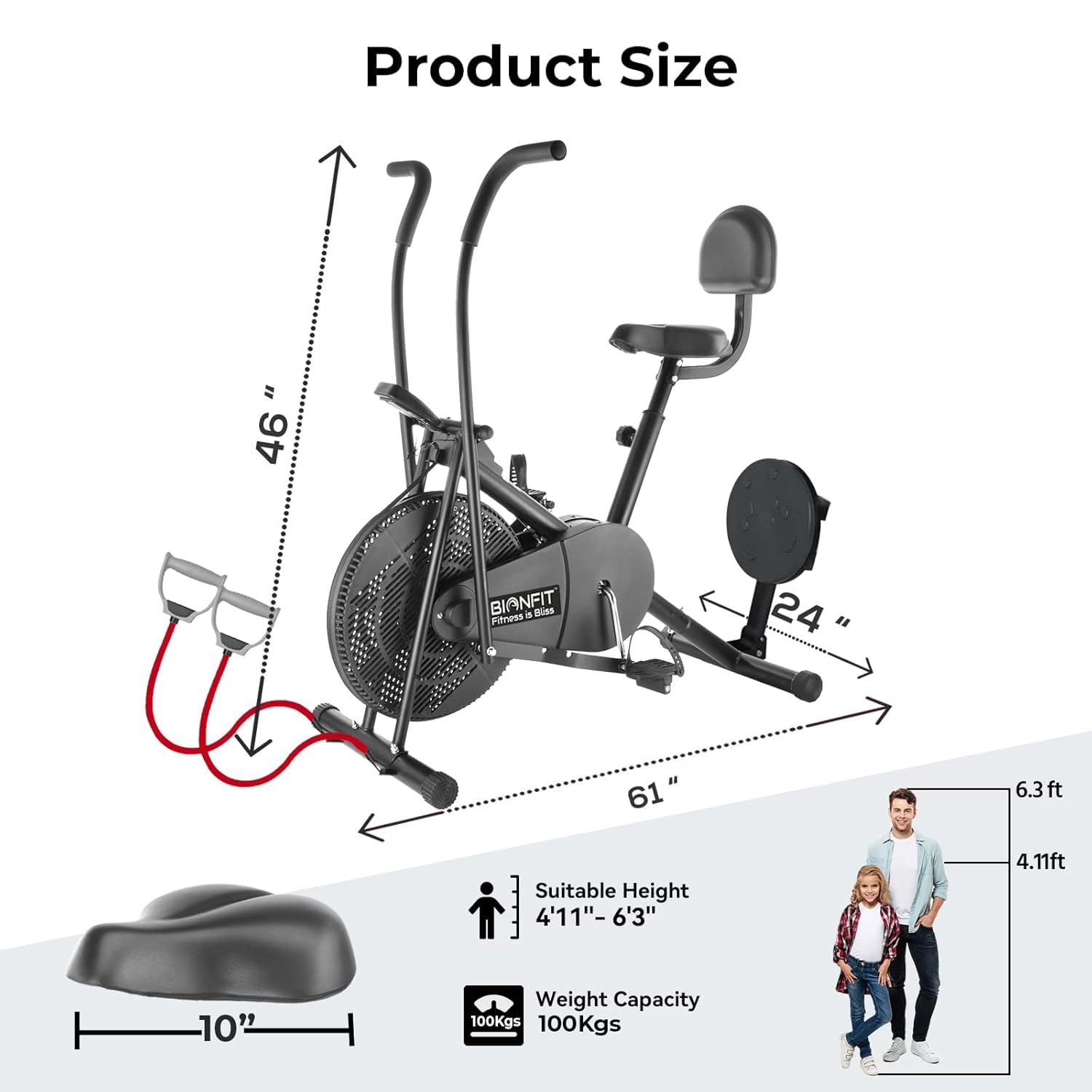 BIONFIT Patented Air Bike – Moving Handles, Attached Resistance Band & 120 kg Capacity