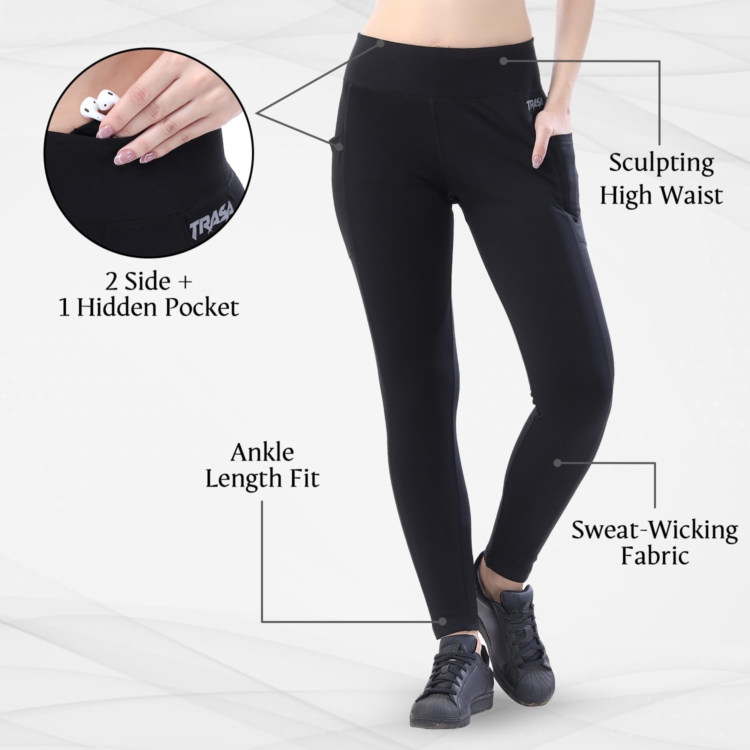 TRASA High-Waist Tummy-Control Yoga Leggings – 3 Pockets, 4-Way Stretch