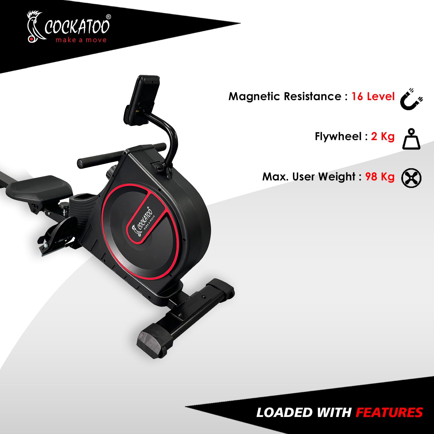 Cockatoo MR01 Magnetic Rower – 2 kg Flywheel, 16-Level Resistance, 110 kg Support