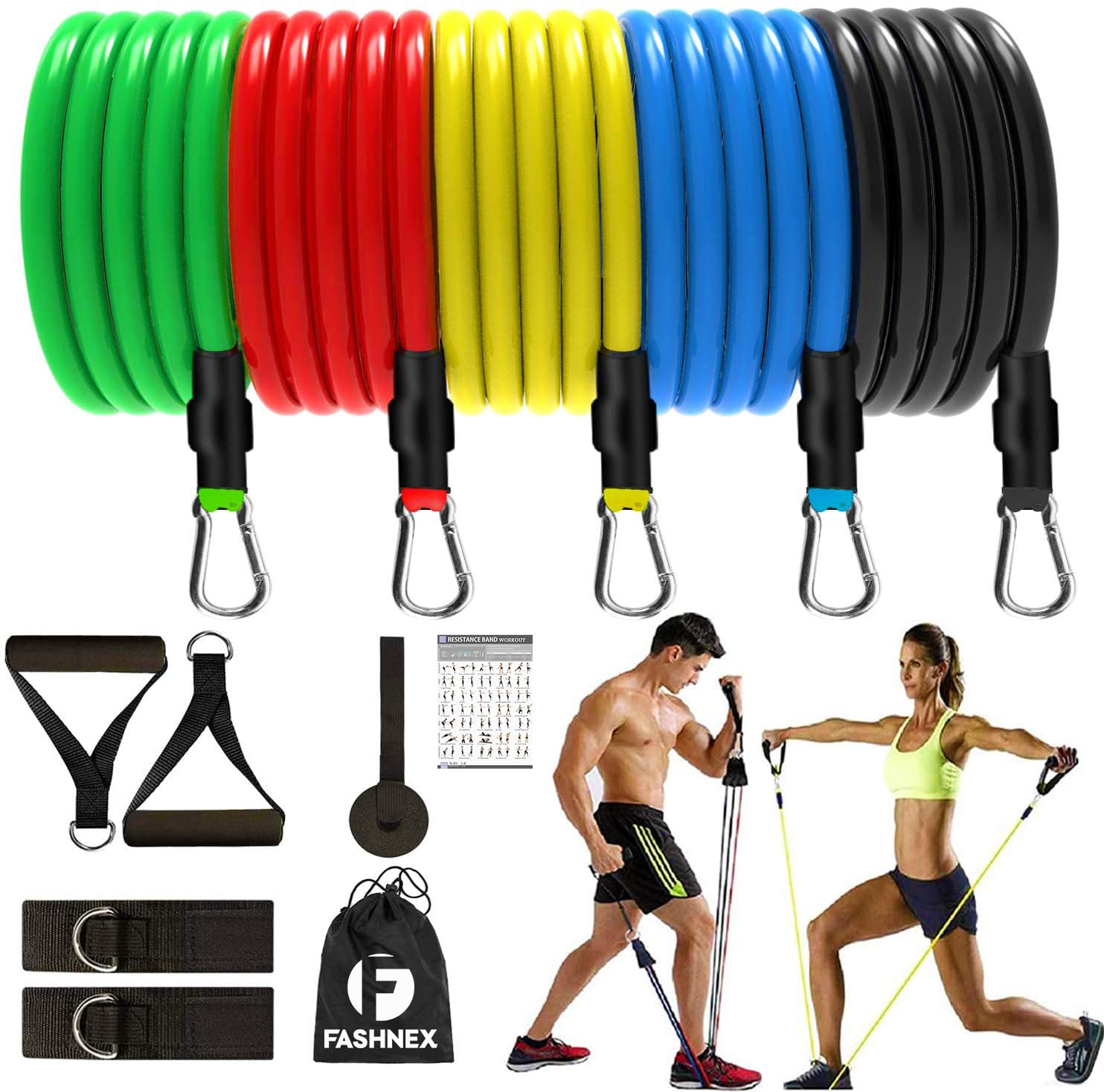 Fashnex Resistance Bands Set – Stackable Tubes (Up to 100 lb), with Handles, Door Anchor & Carry Bag
