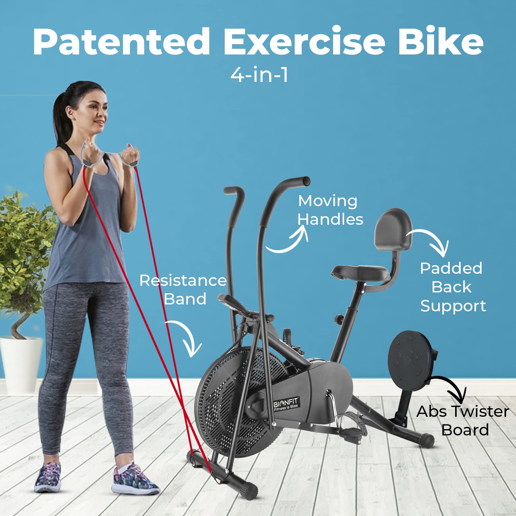 BIONFIT Air Bike with Moving Handles, Back Support & Twister – 3-in-1 Cardio, Core & Comfort Trainer