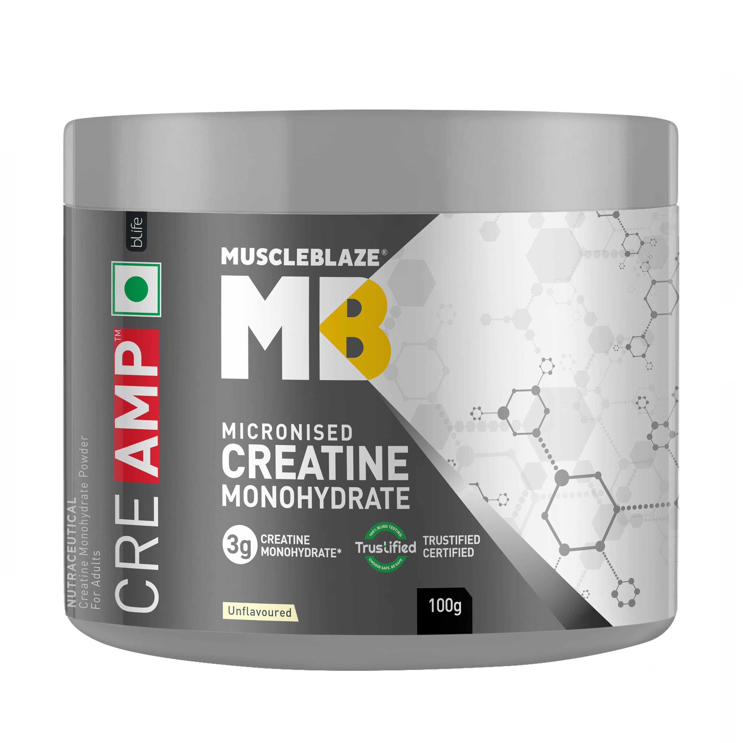 MuscleBlaze Micronised Creatine Monohydrate (CreAMP) – Unflavoured, 32 Servings | 100 g Pure, High-Bioavailability Supplement