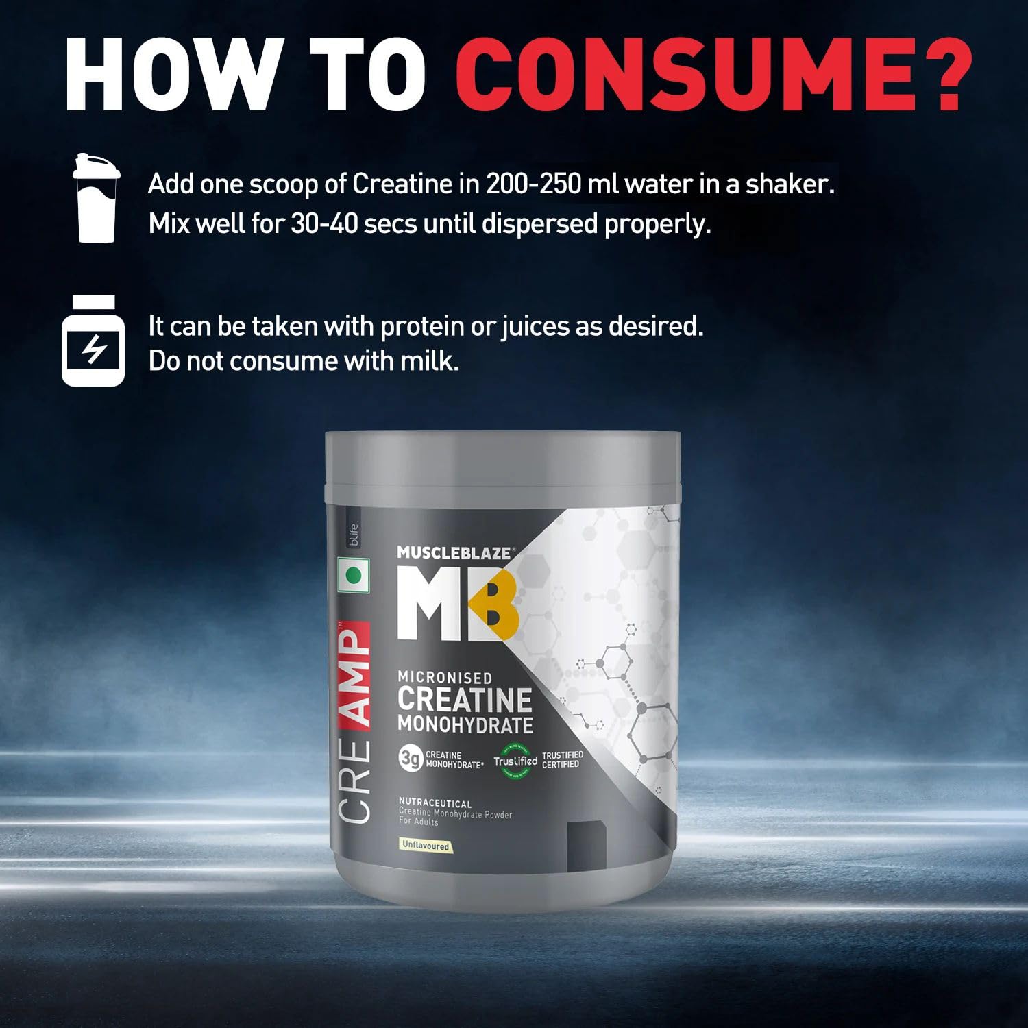 MuscleBlaze Micronised Creatine Monohydrate (CreAMP) – Unflavoured, 32 Servings | 100 g Pure, High-Bioavailability Supplement