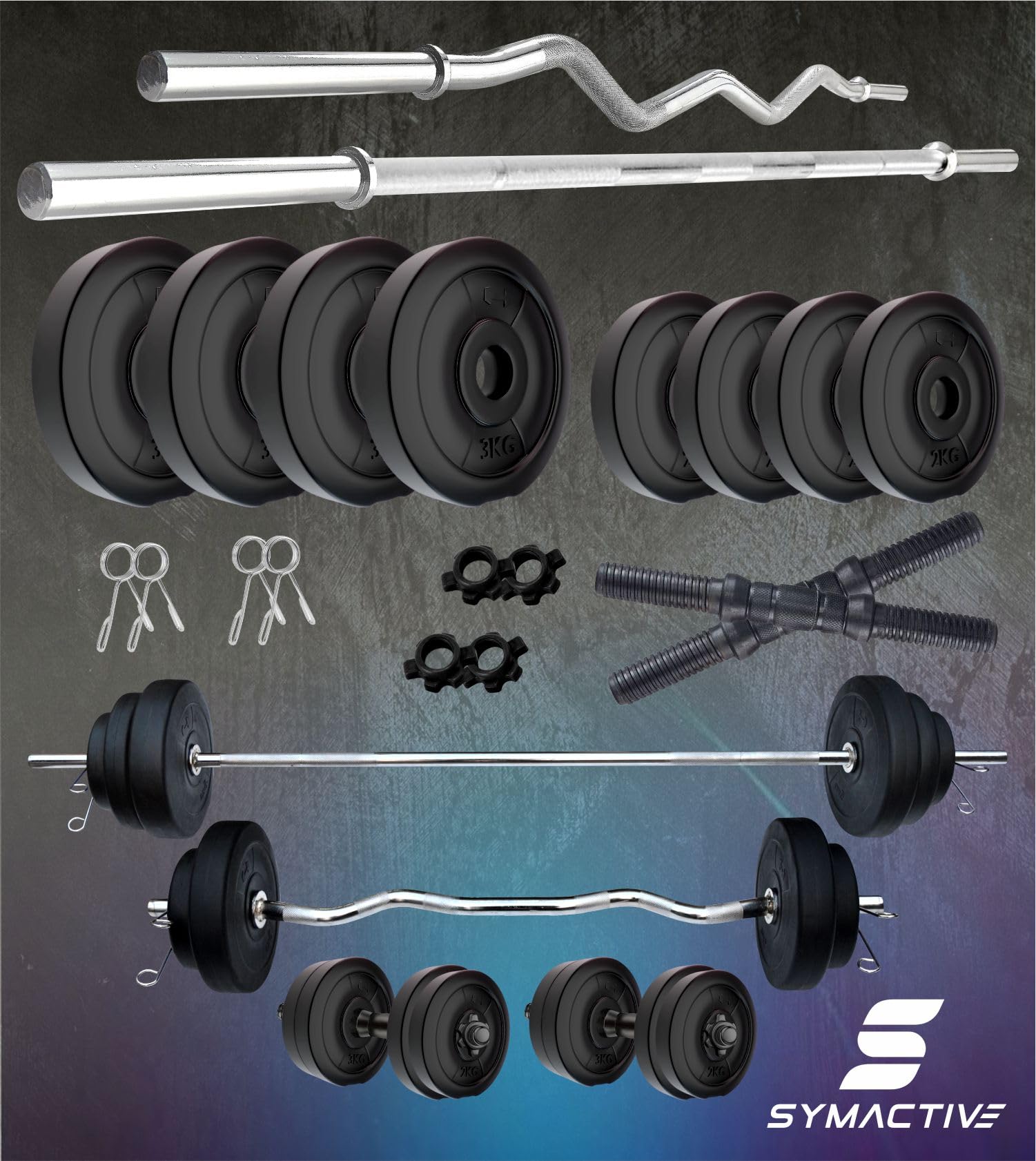 Amazon Brand Symactive 20 KG PVC Home Gym Set – Multicolour with Curl & Plain Rods
