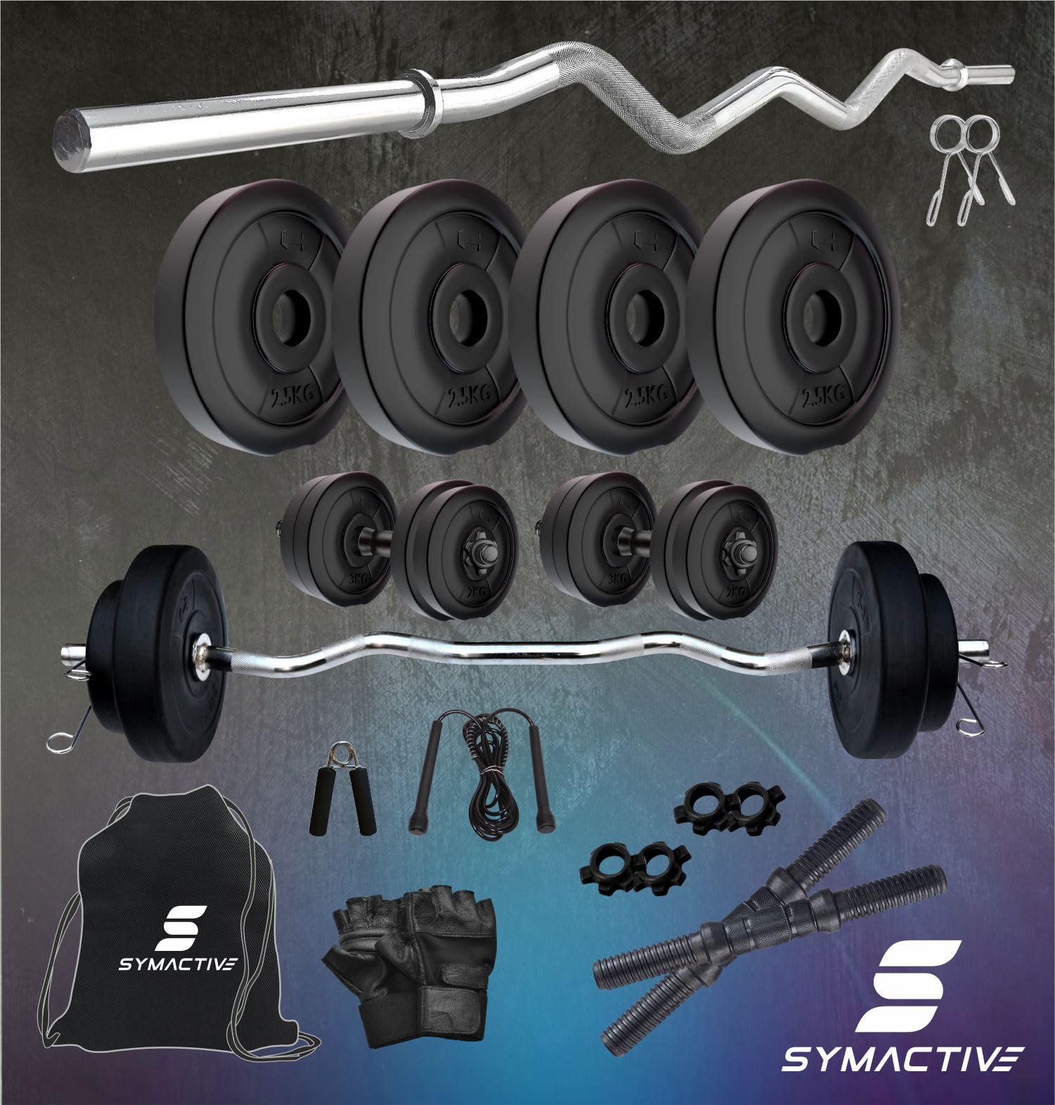 Amazon Brand Symactive PVC Home Gym Set with Accessories – Includes Curl Rod, Dumbbell Rods, Gym Bag