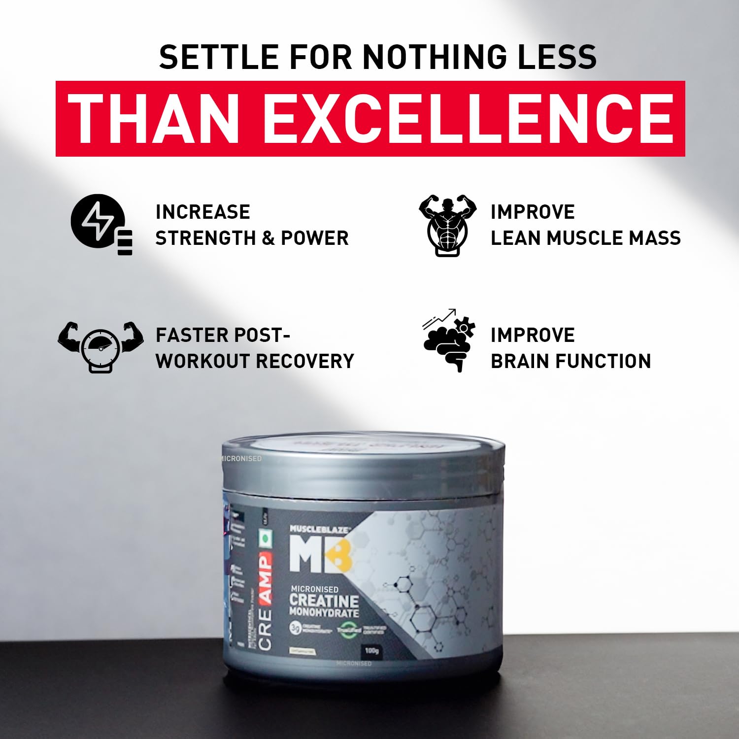 MuscleBlaze Micronised Creatine Monohydrate (CreAMP) – Unflavoured, 32 Servings | 100 g Pure, High-Bioavailability Supplement