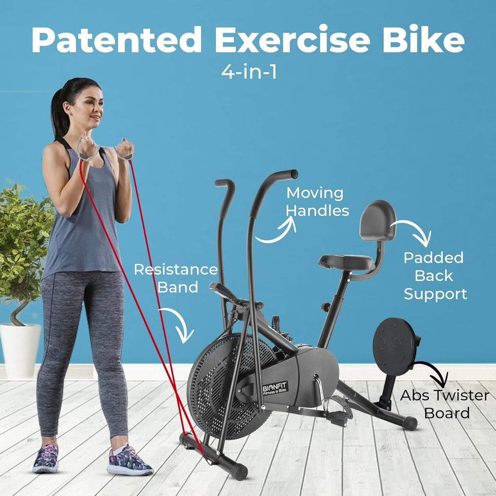 BIONFIT Patented Air Bike – Moving Handles, Attached Resistance Band & 120 kg Capacity