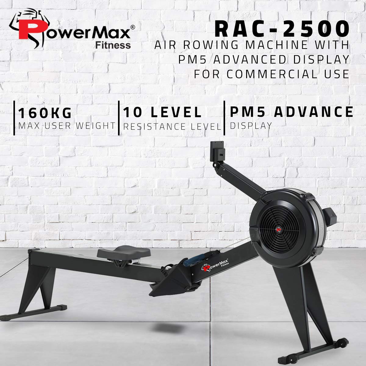 PowerMax RAC-2500 Air Rower – 10-Level Air Resistance, 160 kg Capacity, Commercial LCD Monitor