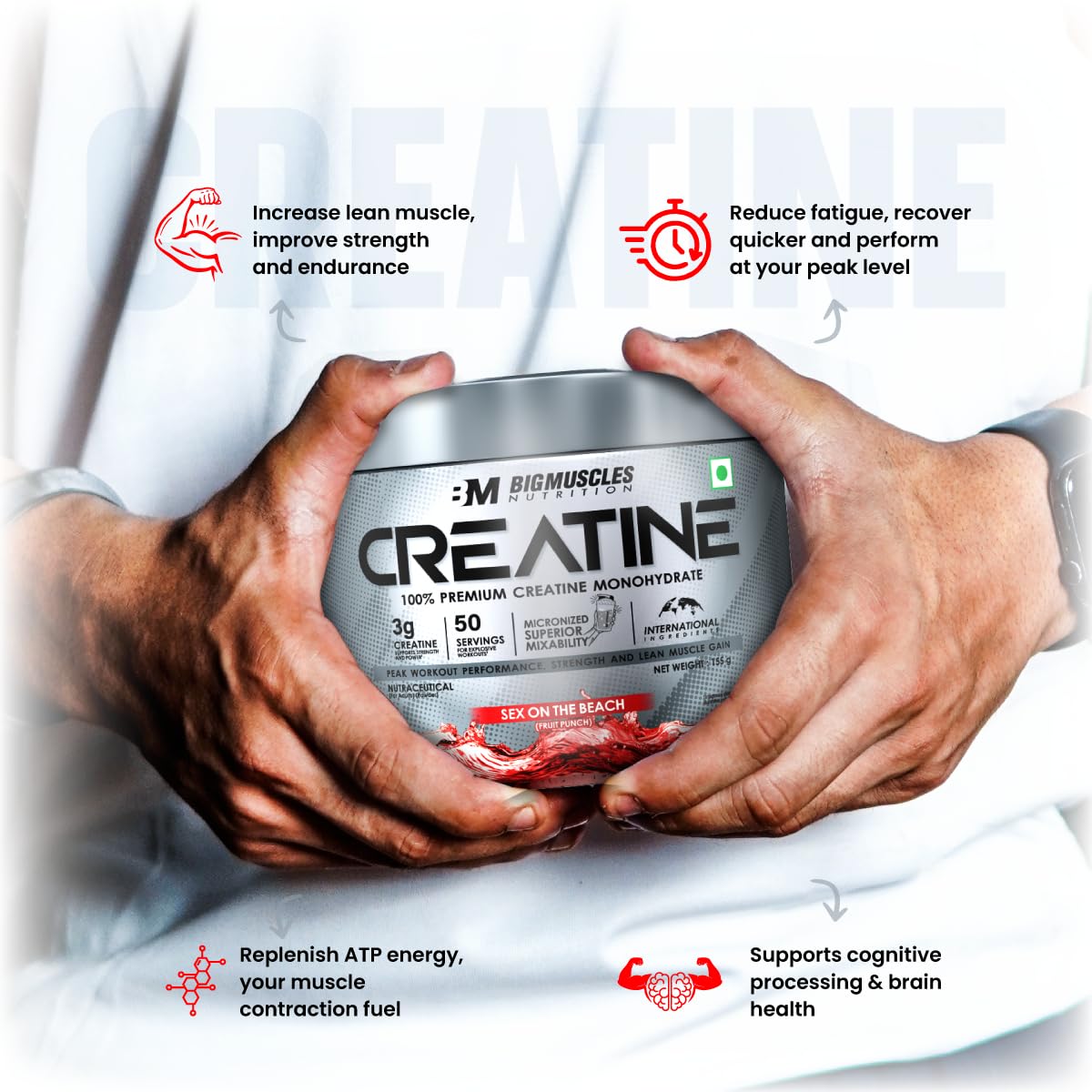 Bigmuscles Nutrition Micronised Creatine Monohydrate – 100 g Pure Creatine Powder (Approx. 33 Servings) – Strength • Recovery • Performance