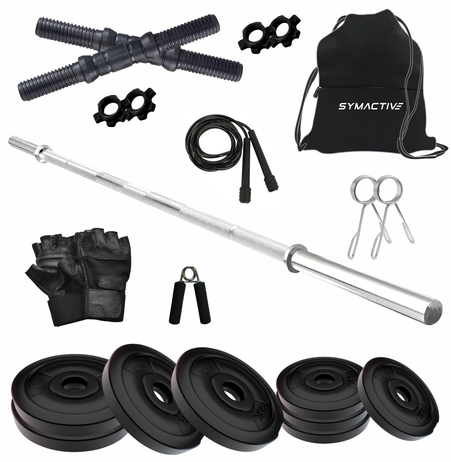 Amazon Brand Symactive PVC Accessories Set for Home Gym – Includes Curl & Dumbbell Rods, Gym Bag