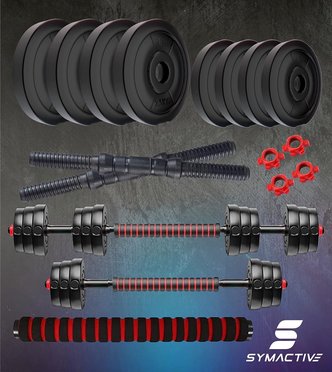 Amazon Brand Symactive 3-in-1 Convertible Dumbbells Set – PVC Home Gym Weight Kit
