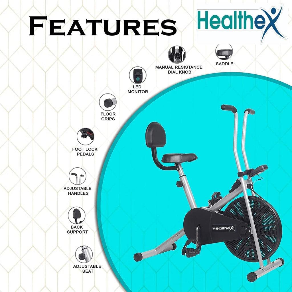 Healthex Air Bike 1001BT – Adjustable Cushioned Seat & Steel Frame with LCD Tracker