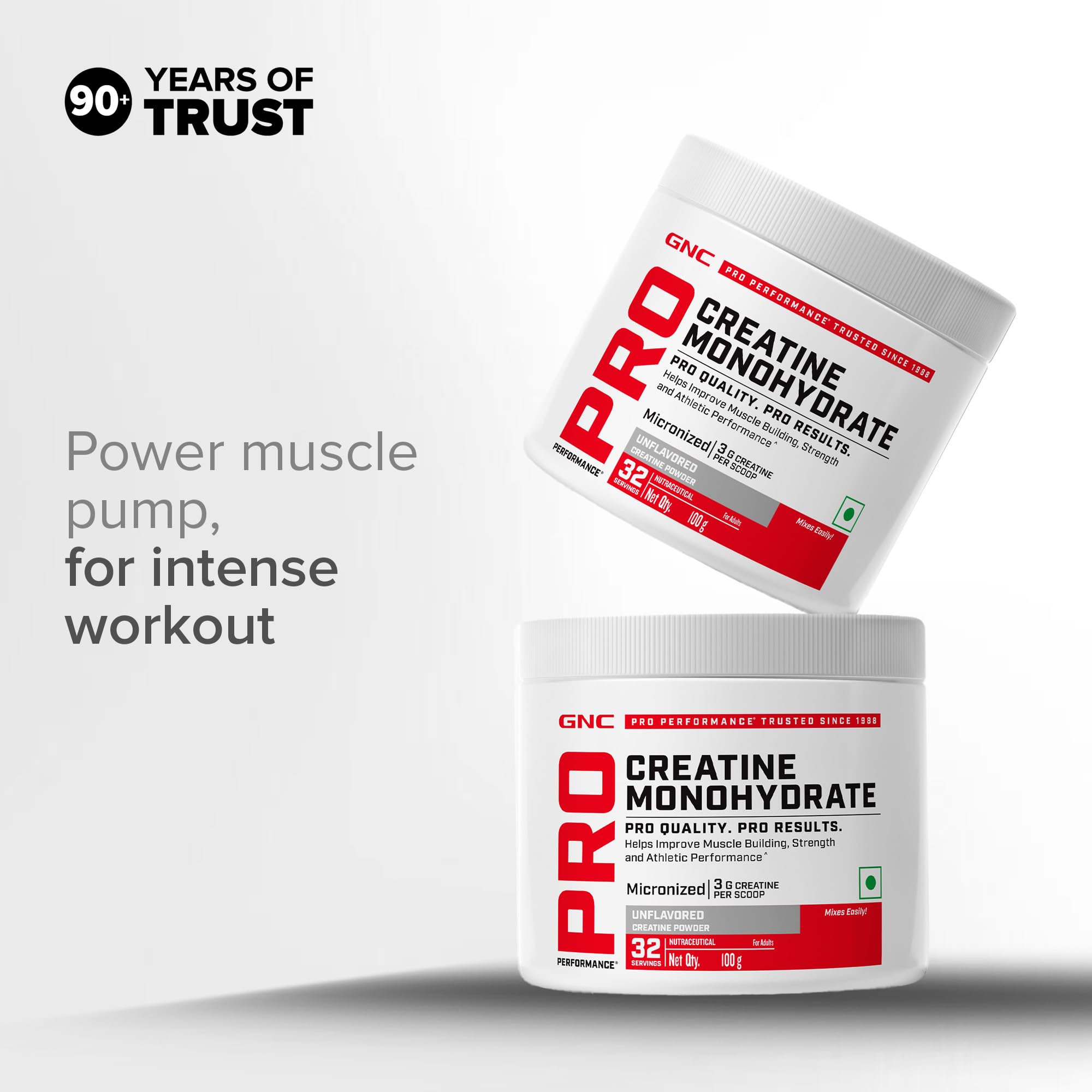 GNC Pro Performance Creatine Monohydrate Unflavoured – 100 g Pure Micronized Creatine, 3000 mg per Serving, Gluten-Free Performance Enhancer