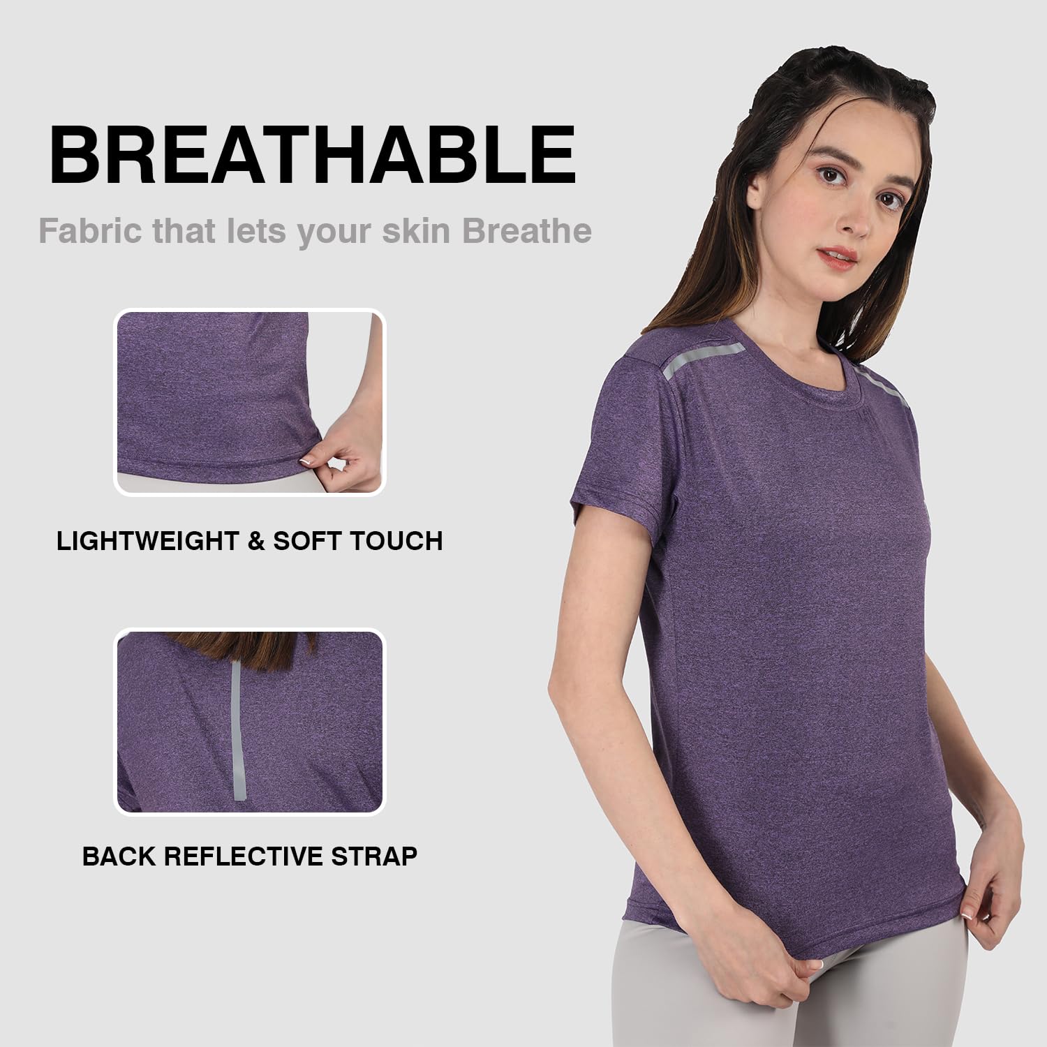 Chkokko Women's Selfpurple Active Sportswear Quick Dry Gym T-Shirt – Half Sleeve, Regular Fit