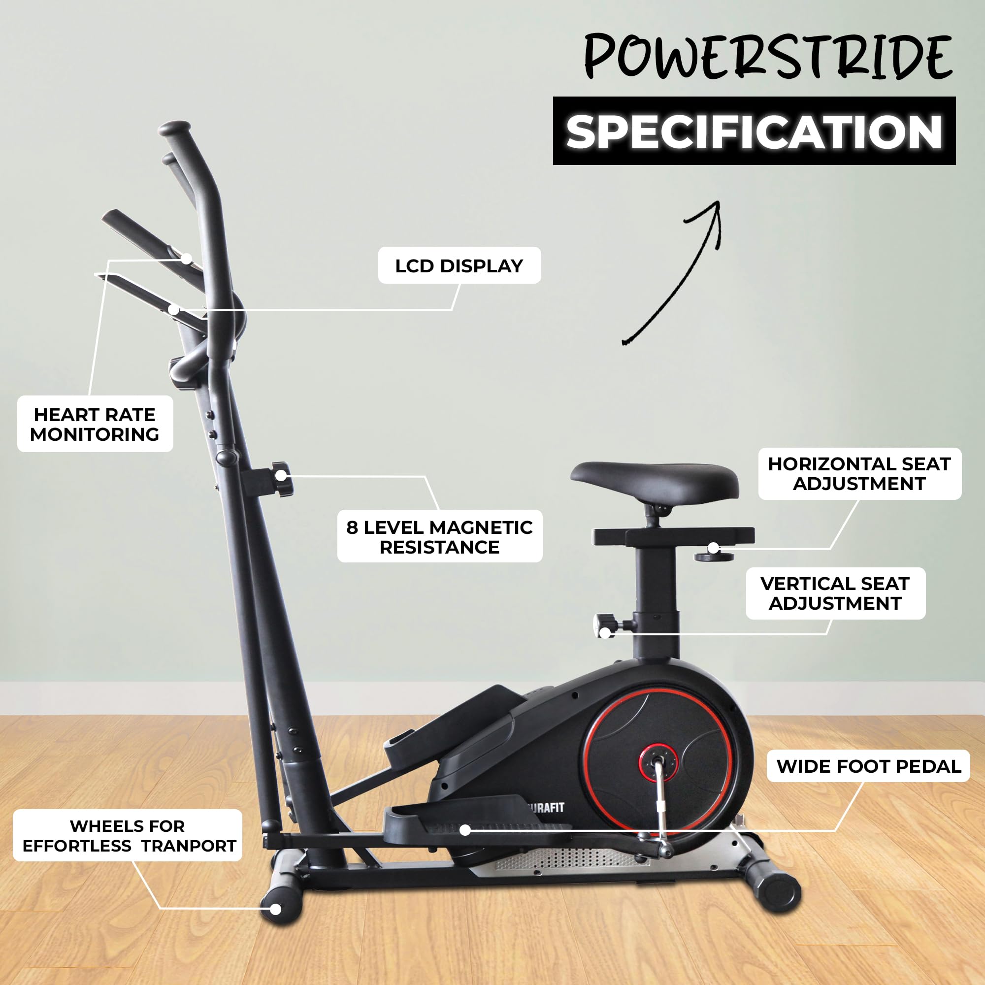 Durafit Adjustable Magnetic Elliptical Trainer – 8 Resistance Levels, LCD, 120 kg Capacity