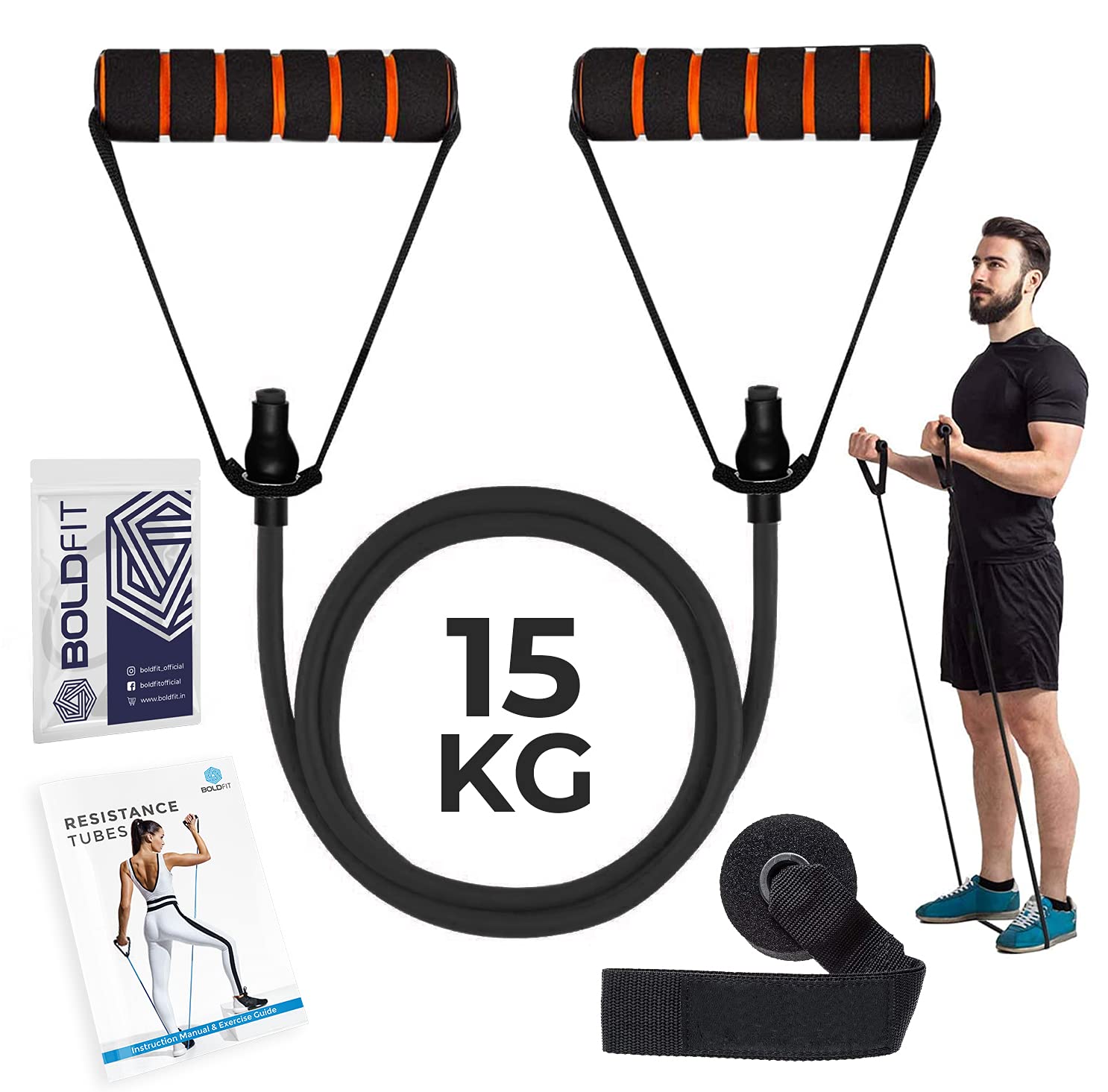 Boldfit Resistance Tube with Foam Handles – 15 kg Heavy Tube with Door Anchor & Anti-Snap Latex