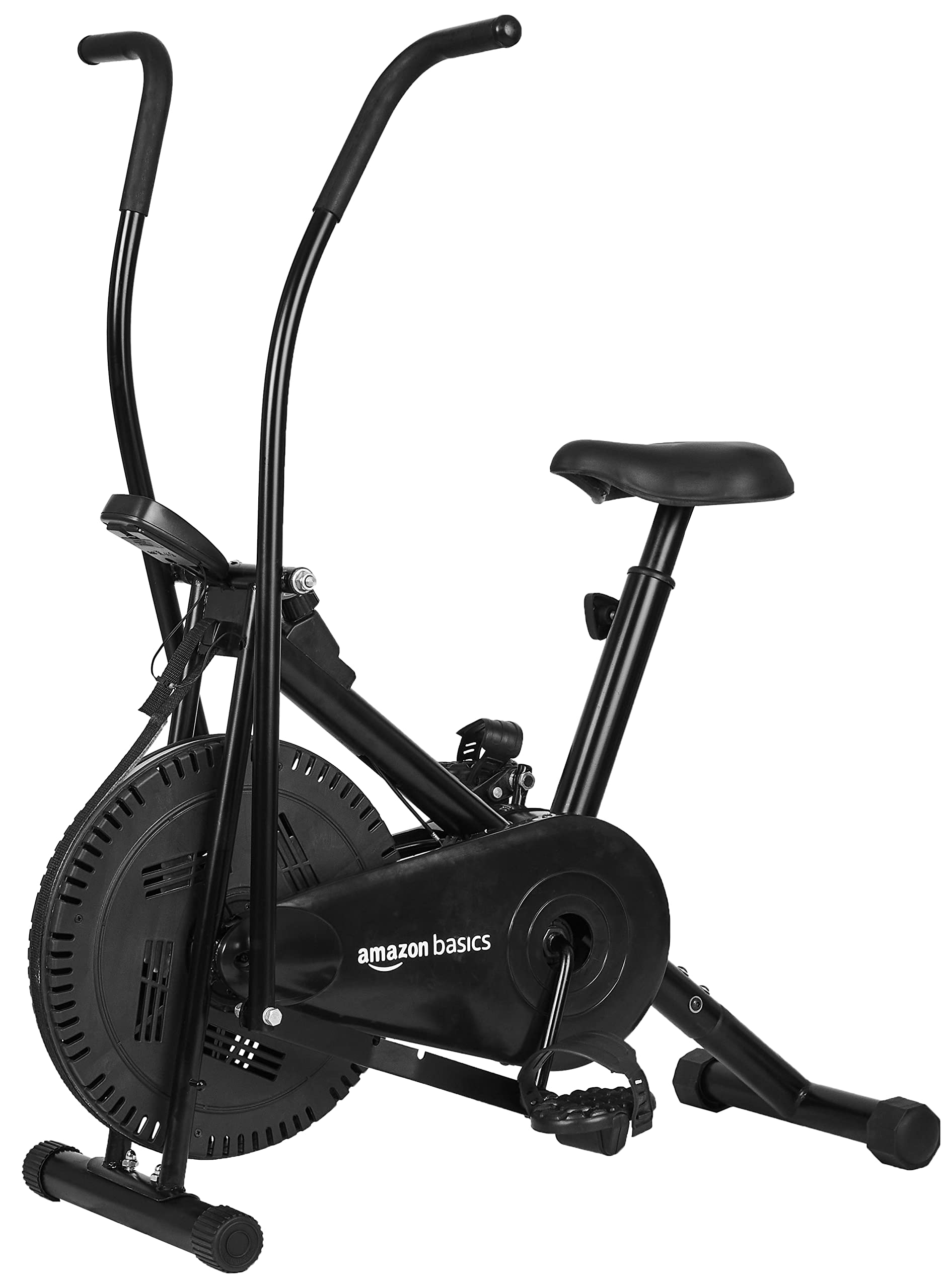 AmazonBasics Stationary Exercise Bike – Adjustable Cushioned Seat & Dual-Workout Handles (Upright/Air)
