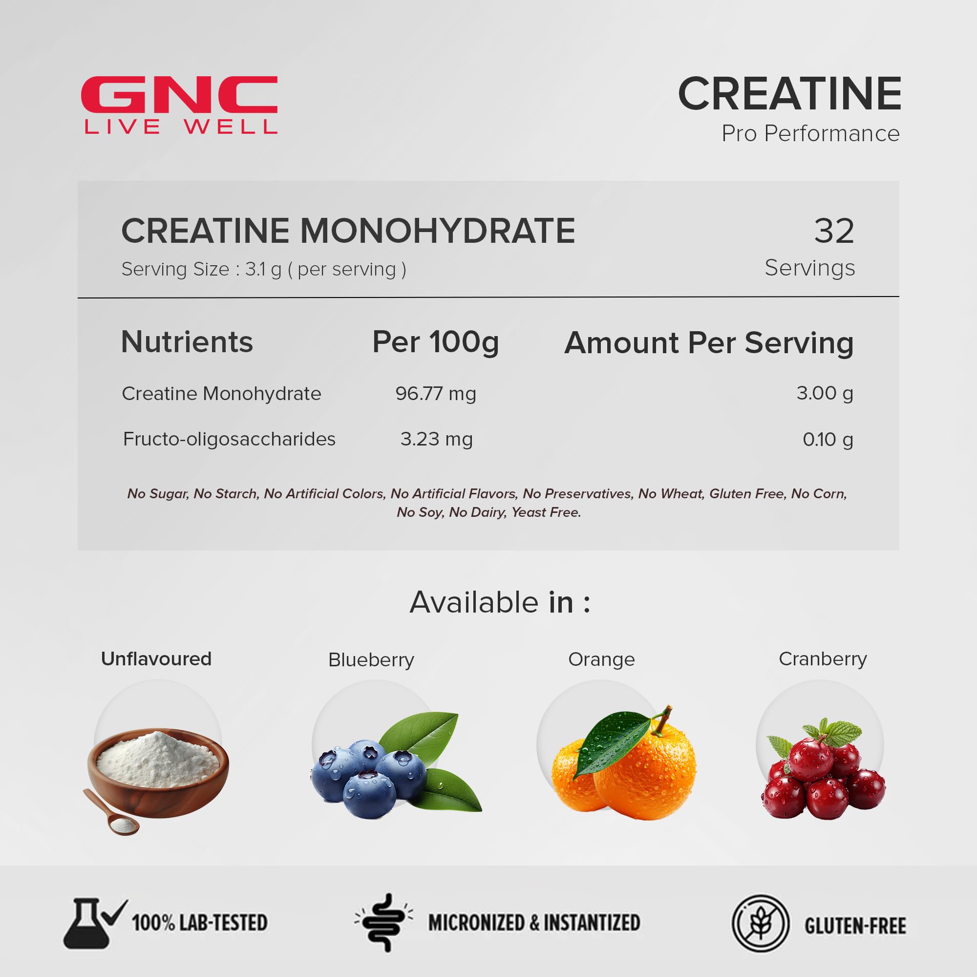 GNC Pro Performance Creatine Monohydrate Unflavoured – 100 g Pure Micronized Creatine, 3000 mg per Serving, Gluten-Free Performance Enhancer