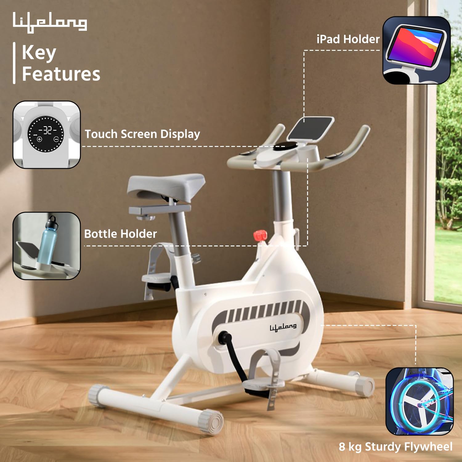 Lifelong Fit Pro Spin Bike – 8 kg Flywheel, Belt-Drive Quiet System, Heart‐Rate Sensor & Touch LED Display