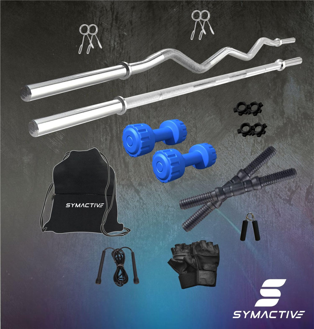 Amazon Brand Symactive 50 KG PVC Dumbbells & Accessories Set – Home Gym Kit with Skipping Rope, Gloves, Gripper & Gym Bag