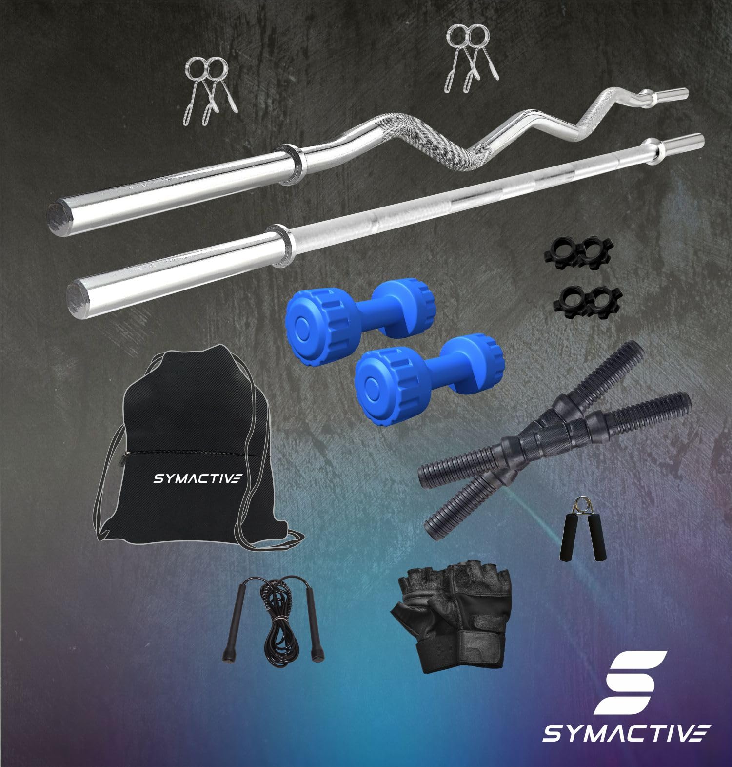Amazon Brand Symactive 50 KG PVC Dumbbells & Accessories Set – Home Gym Kit with Skipping Rope, Gloves, Gripper & Gym Bag