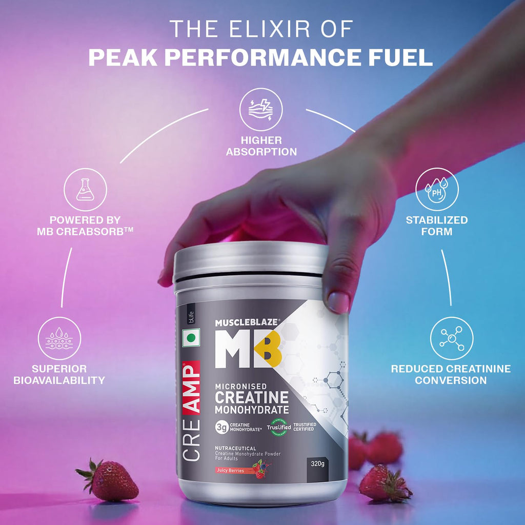 MuscleBlaze CreAMP Micronised Creatine Monohydrate – Trustified Certified, Unflavoured / Flavored, High Absorption Formula