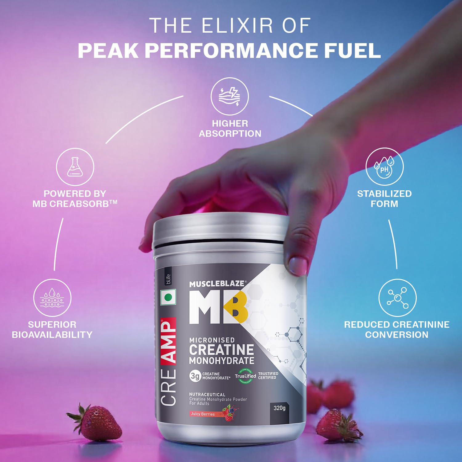 MuscleBlaze CreAMP Micronised Creatine Monohydrate – Trustified Certified, Unflavoured / Flavored, High Absorption Formula