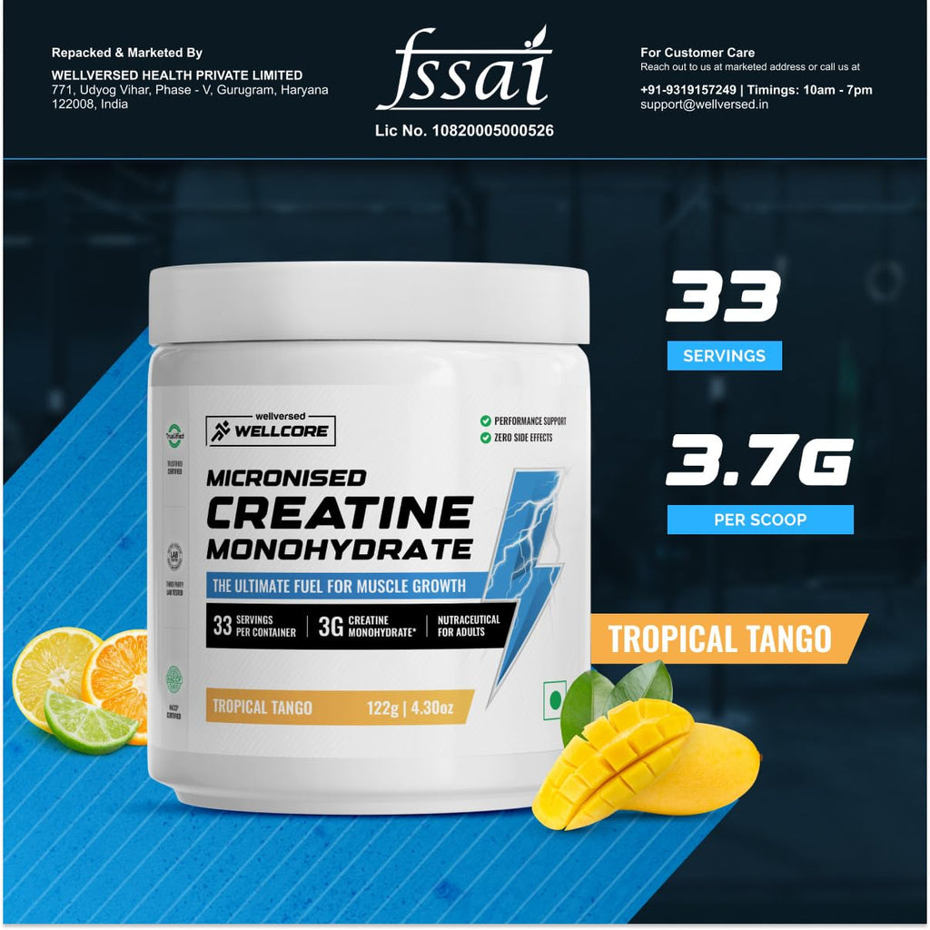 Wellcore Micronised Creatine Monohydrate – 100% Pure, Lab Tested, Rapid Absorption Powder (100 g / 33 Servings)