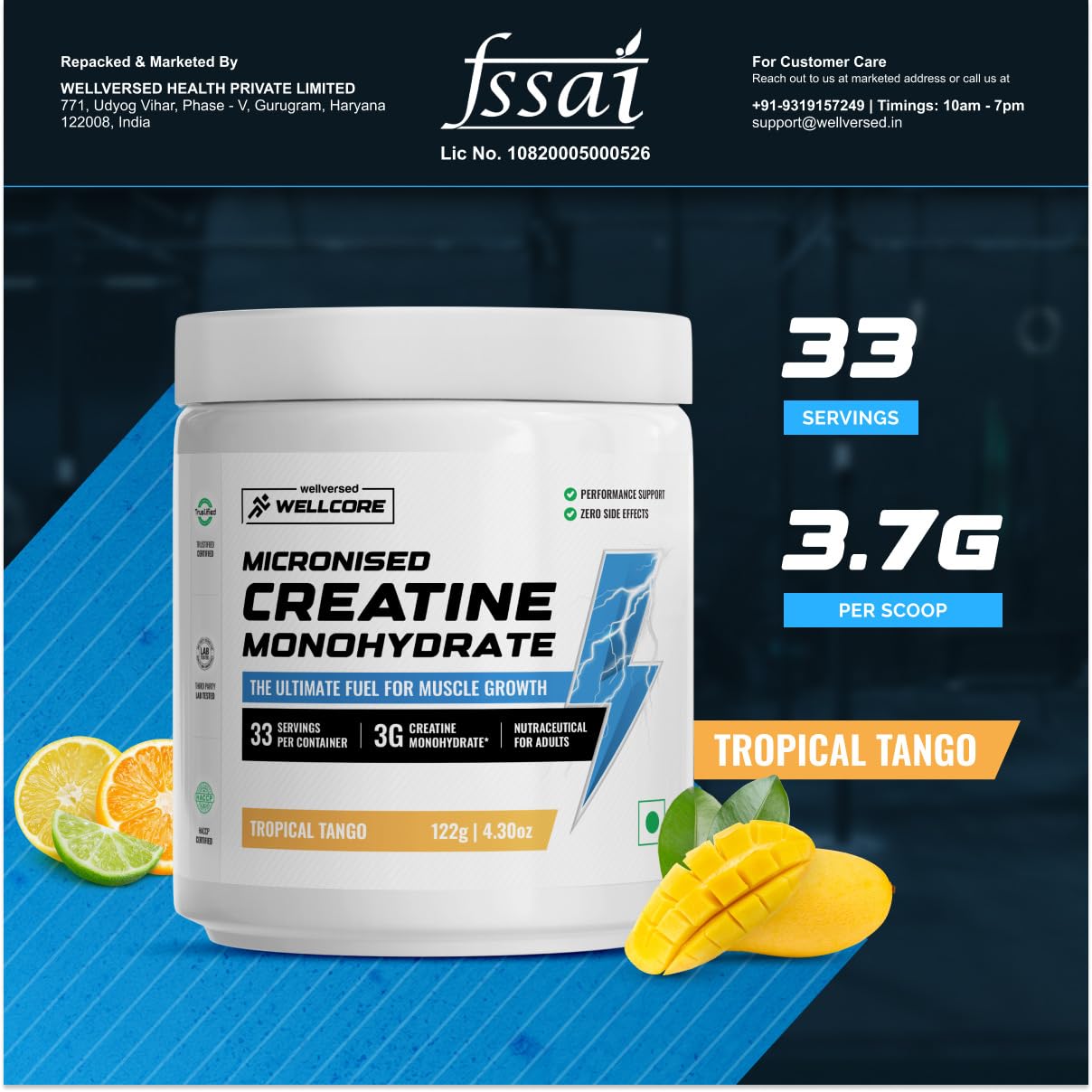 Wellcore Micronised Creatine Monohydrate – 100% Pure, Lab Tested, Rapid Absorption Powder (100 g / 33 Servings)