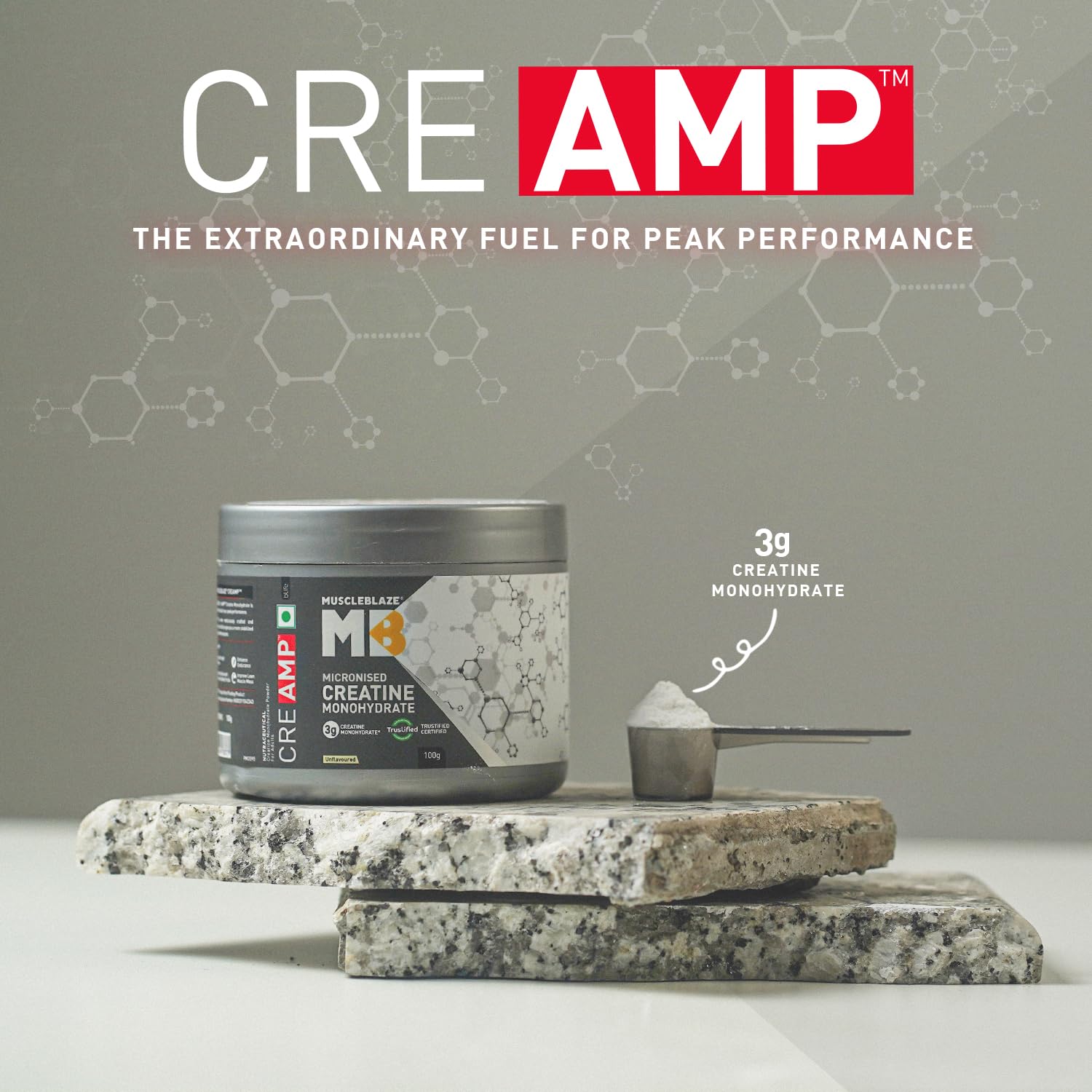 MuscleBlaze Micronised Creatine Monohydrate (CreAMP) – Unflavoured, 32 Servings | 100 g Pure, High-Bioavailability Supplement