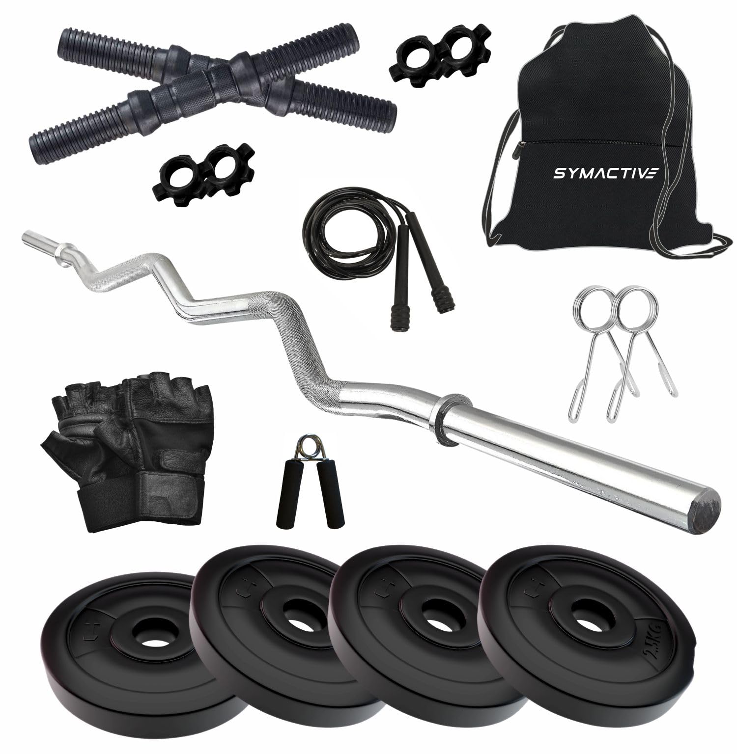 Amazon Brand Symactive PVC Home Gym Set with Accessories – Includes Curl Rod, Dumbbell Rods, Gym Bag