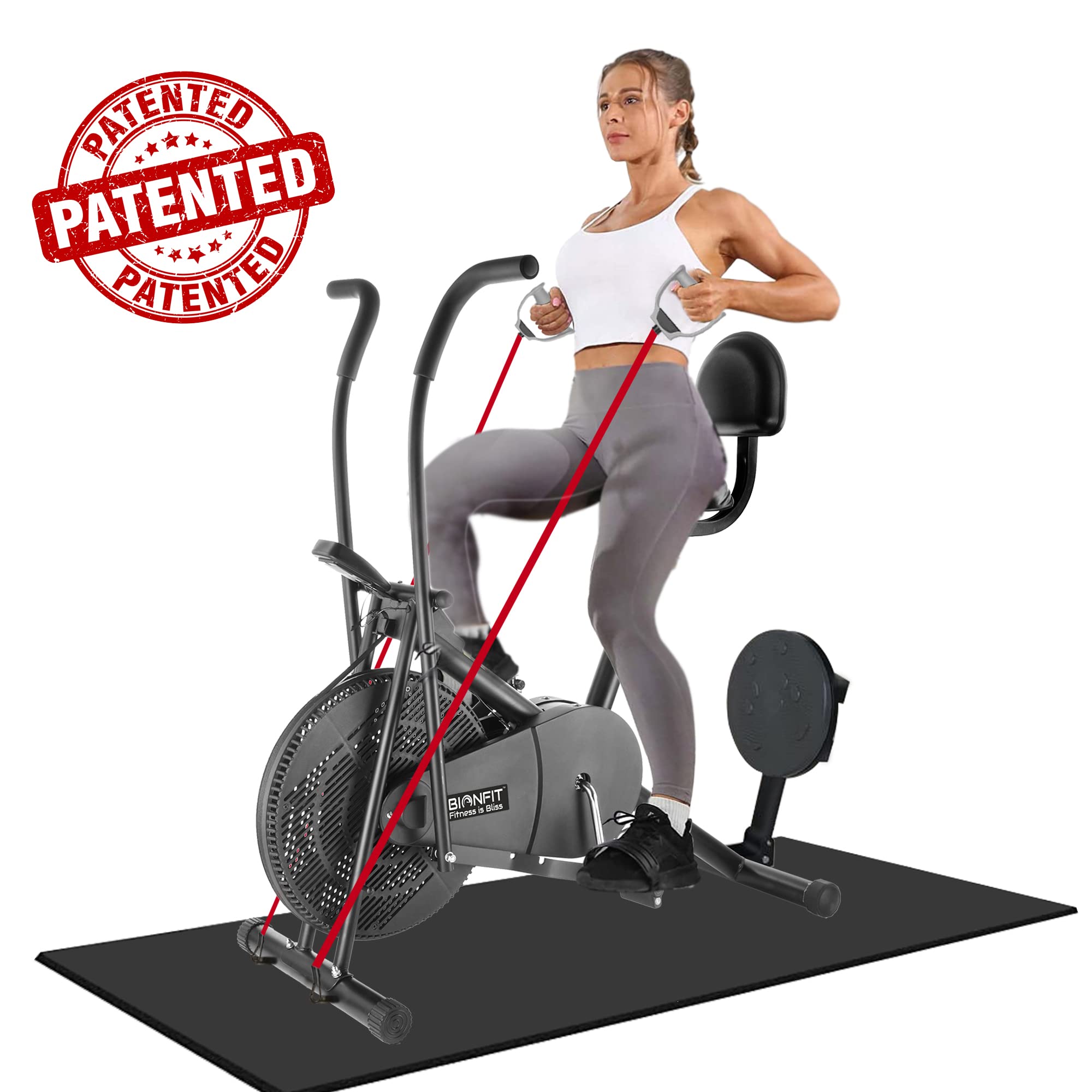 BIONFIT Air Bike with Moving Handles, Back Support & Twister – 3-in-1 Cardio, Core & Comfort Trainer