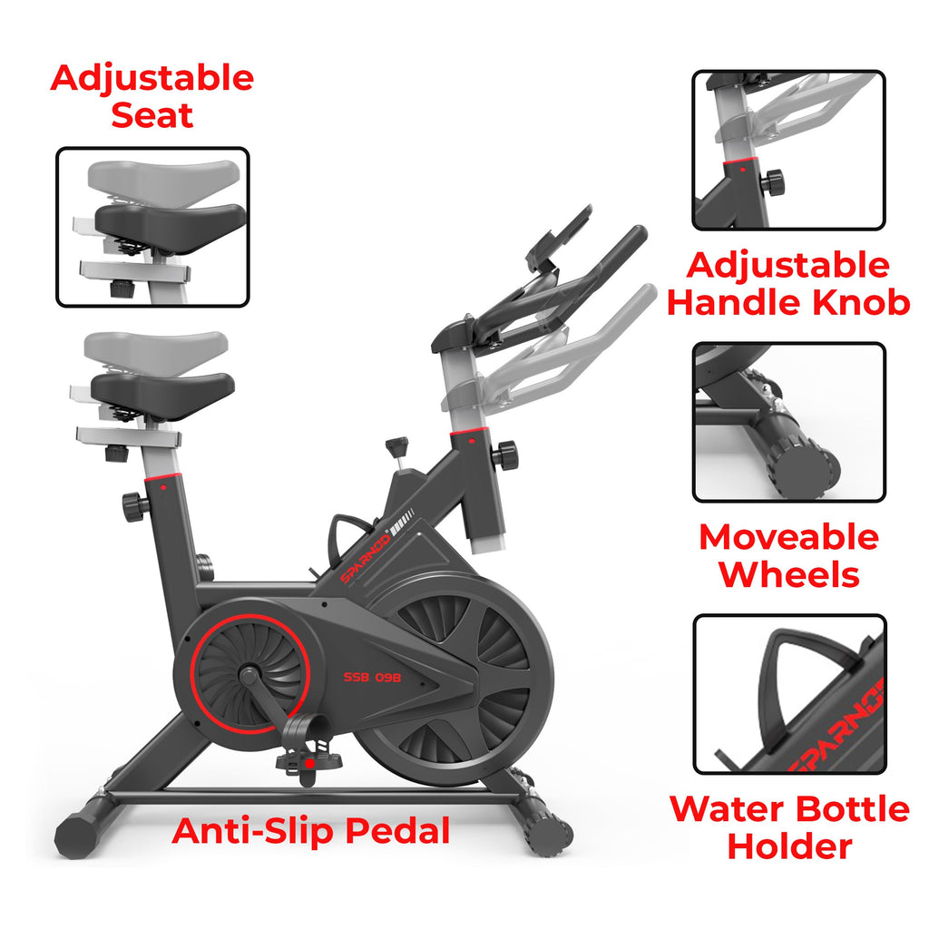 Sparnod Fitness SSB-09B Spin Bike – 9 kg Flywheel, Belt Drive, Adjustable Seat & Handlebar